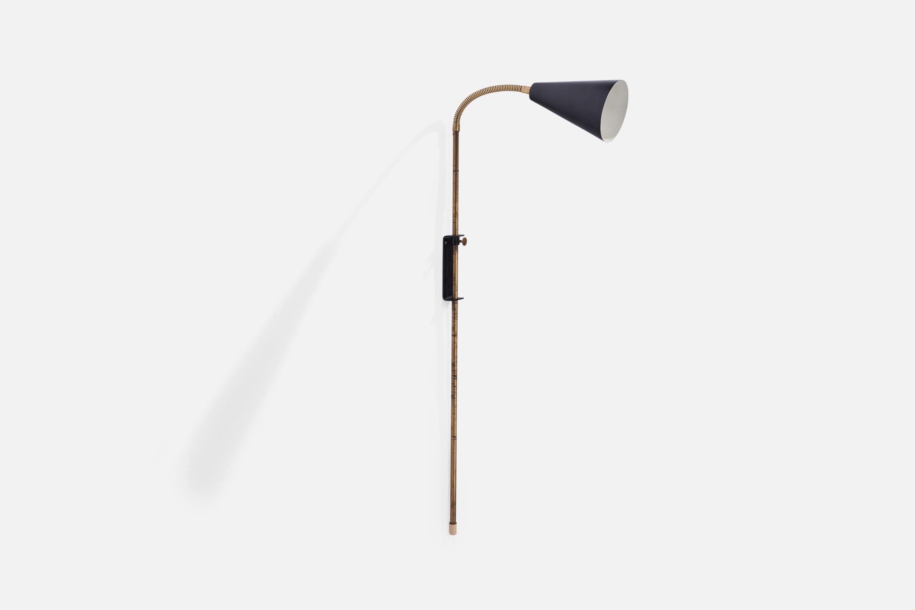 An adjustable brass and black-lacquered metal wall light designed and produced in Sweden, 1950s.

Please note lamp is configured for plug in, with cord feeding from bottom of stem.

Overall Dimensions (inches): 42” H x 4.5” W x 11” D
Back Plate