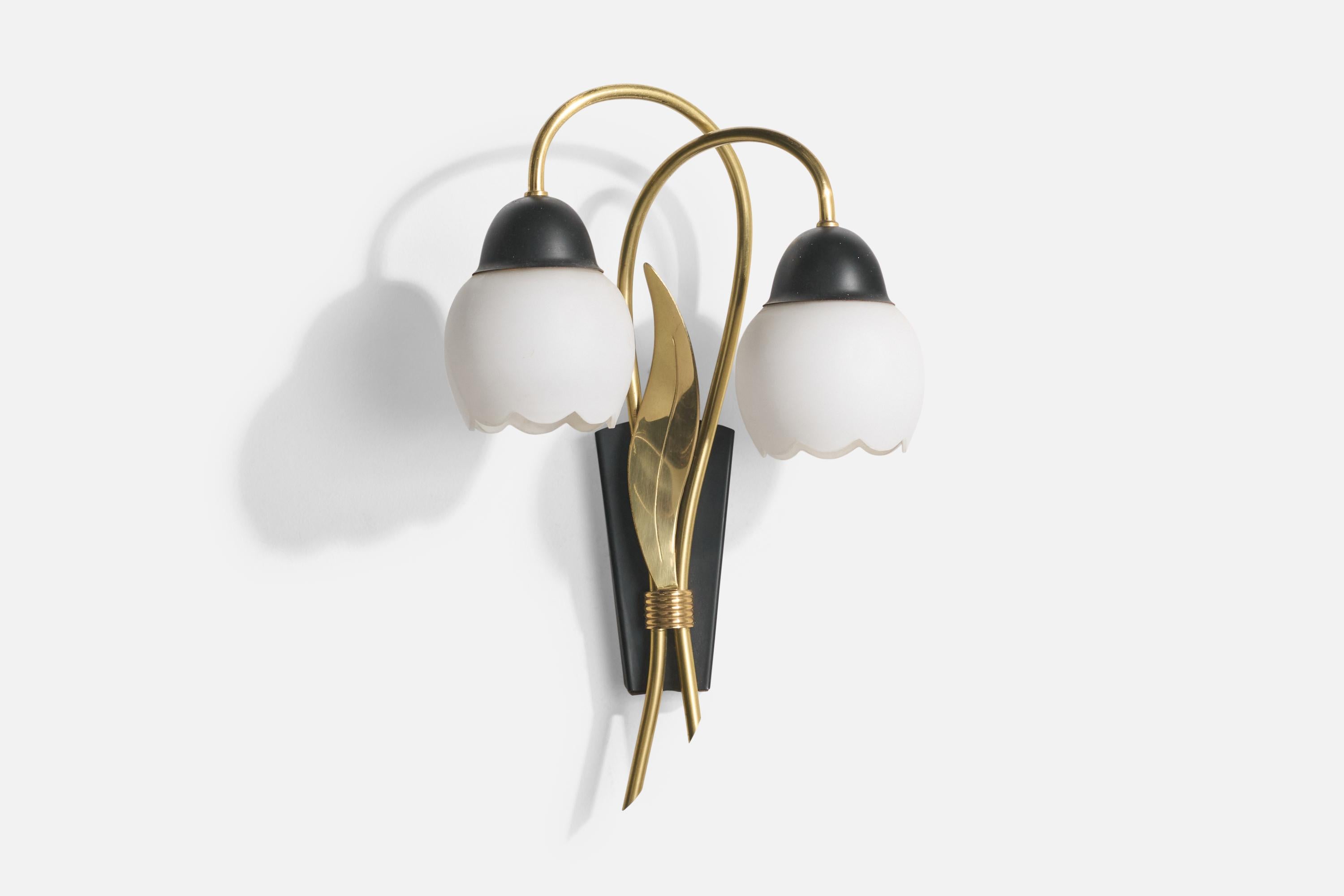 A brass, black-lacquered metal and white opaline glass wall light designed and produced in Sweden, c. 1950s.

Vertical crack in one shade as illustrated, initial images with shade turned inwards.

Overall Dimensions (Inches): 13.5” H x 9” W x 5”“