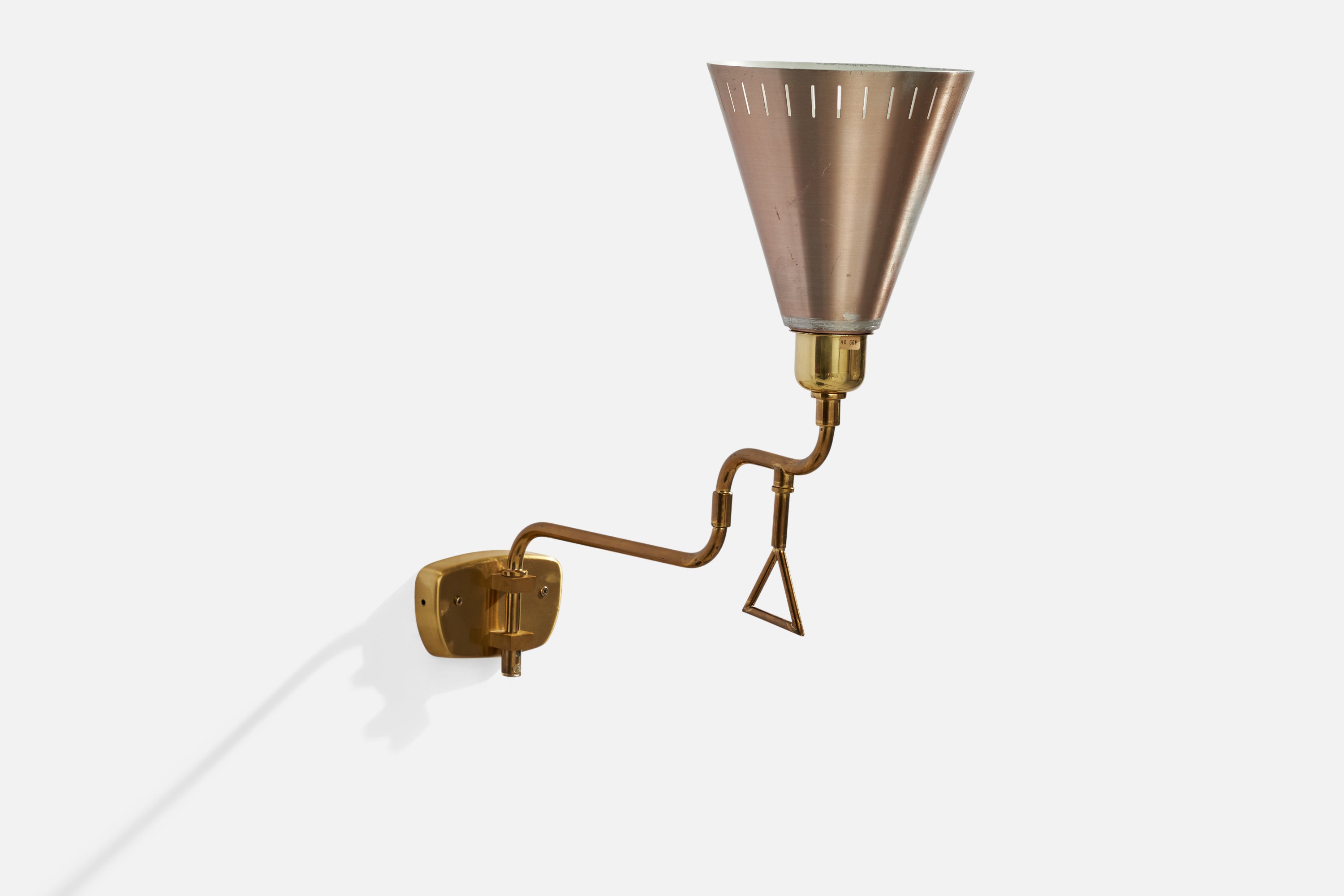 An adjustable brass and metal wall light designed and produced in Sweden, 1960s.

Dimensions variable.

Overall Dimensions (inches): 17.5” H x 13”  W x 15” D
Back Plate Dimensions (inches): 2.5” H x 4.5”  W x .75” D
Bulb Specifications: E-26