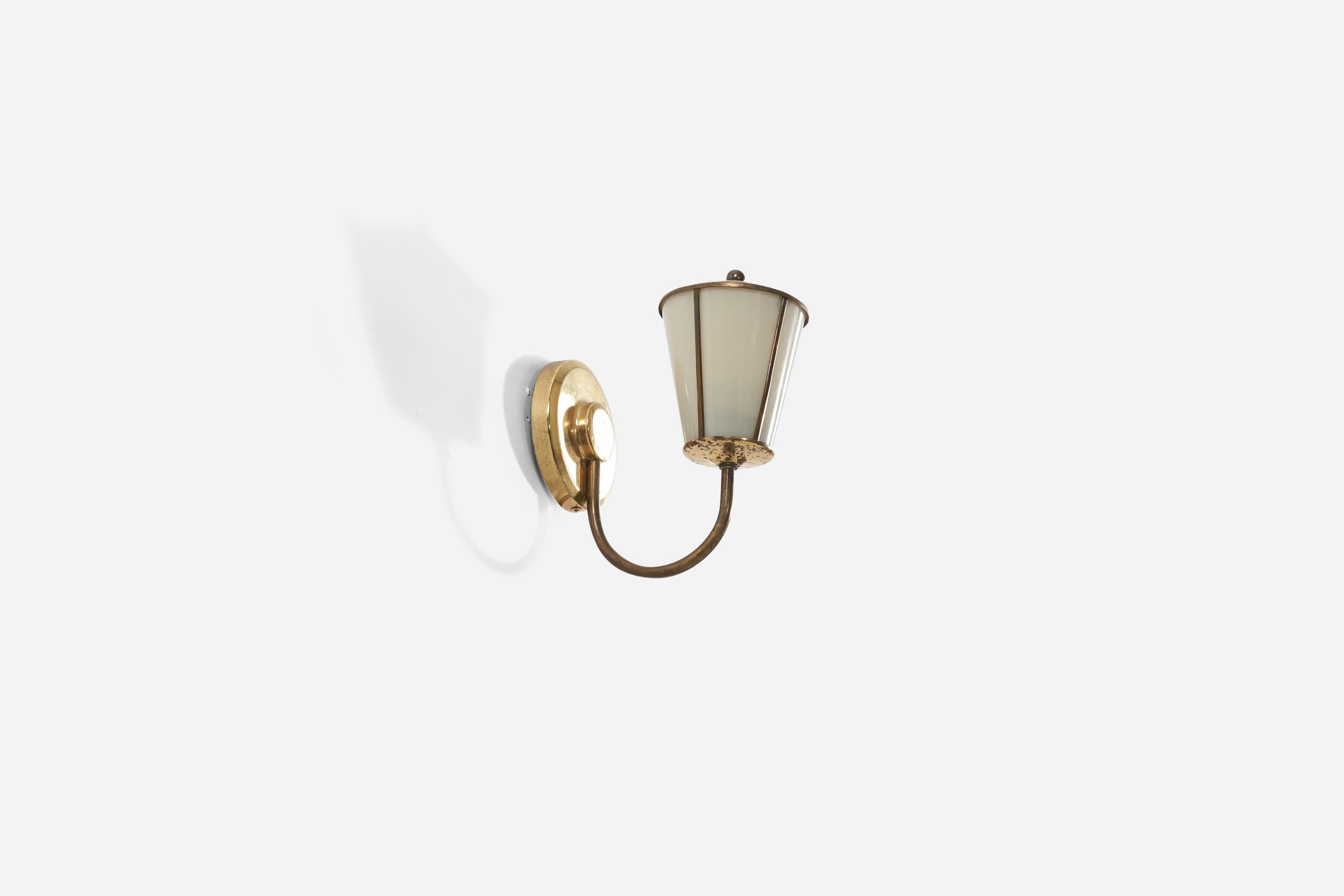 Mid-Century Modern Swedish Designer, Wall Light, Brass, Milk Glass, Sweden, 1960s