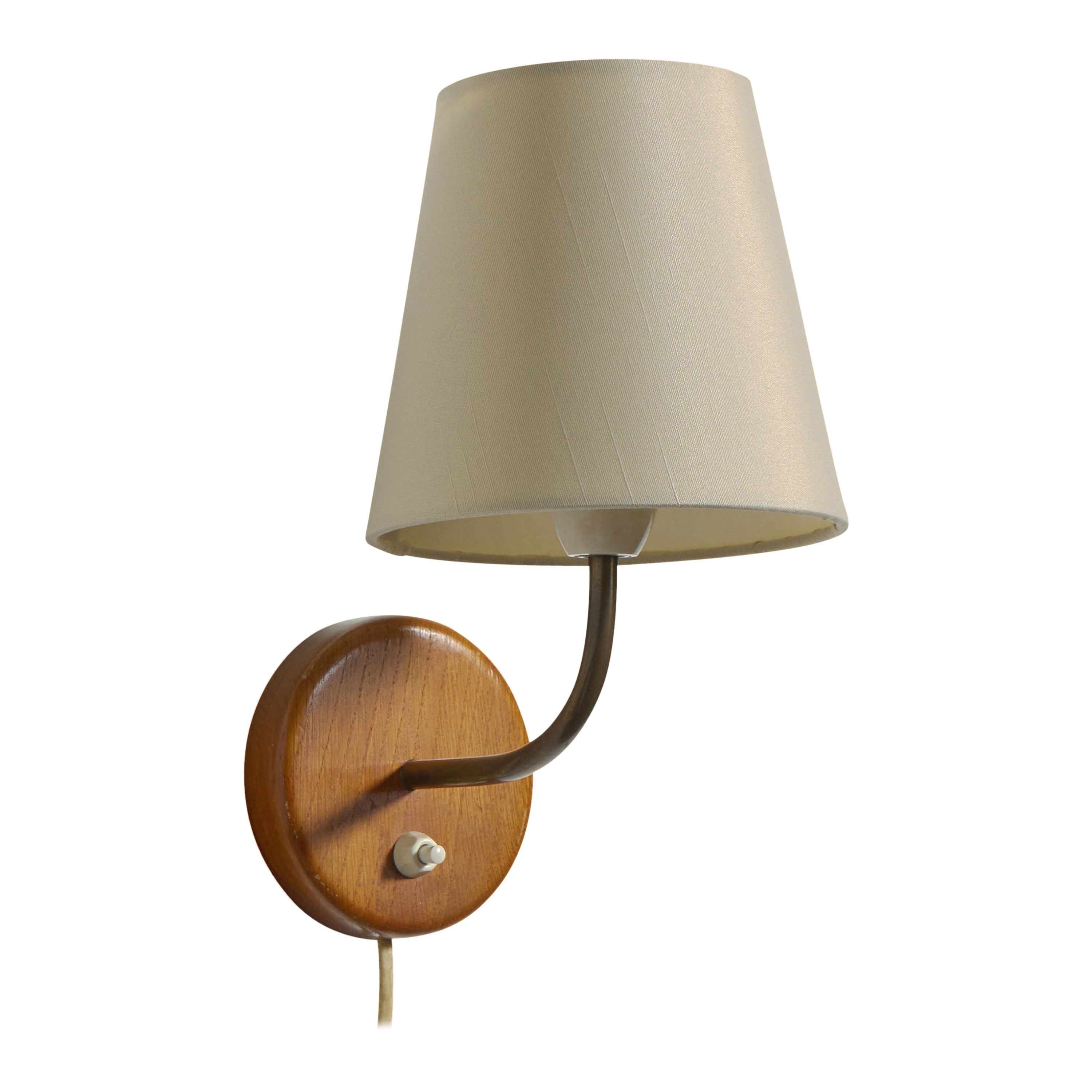 Swedish Designer, Wall Light, Brass, Oak, Fabric, Sweden, 1950s
