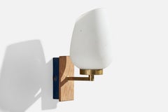 Swedish Designer, Wall Light, Brass, Oak, Glass, Sweden, 1950s