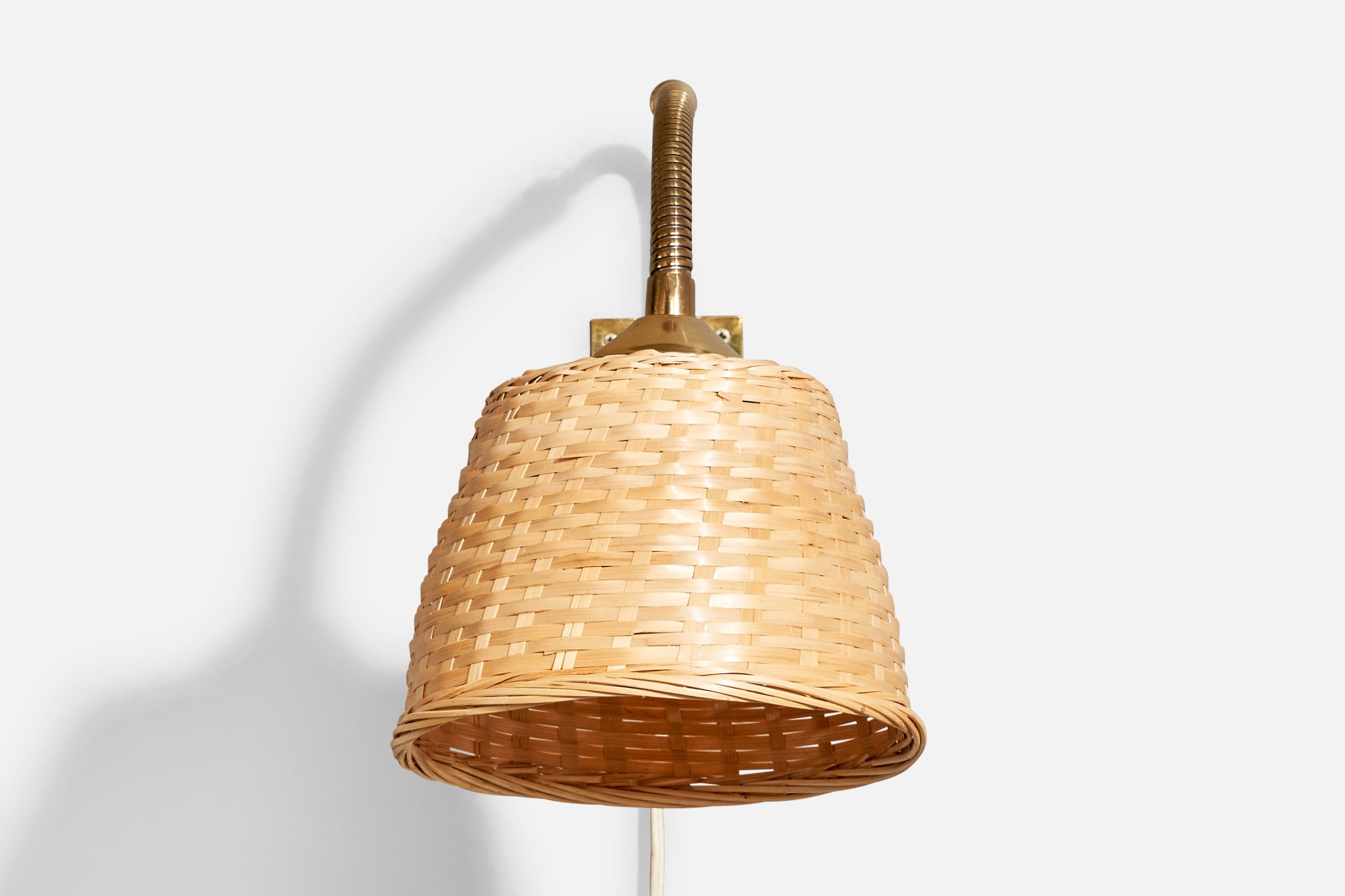 Scandinavian Modern Swedish Designer, Wall Light, Brass, Rattan, 1940s For Sale