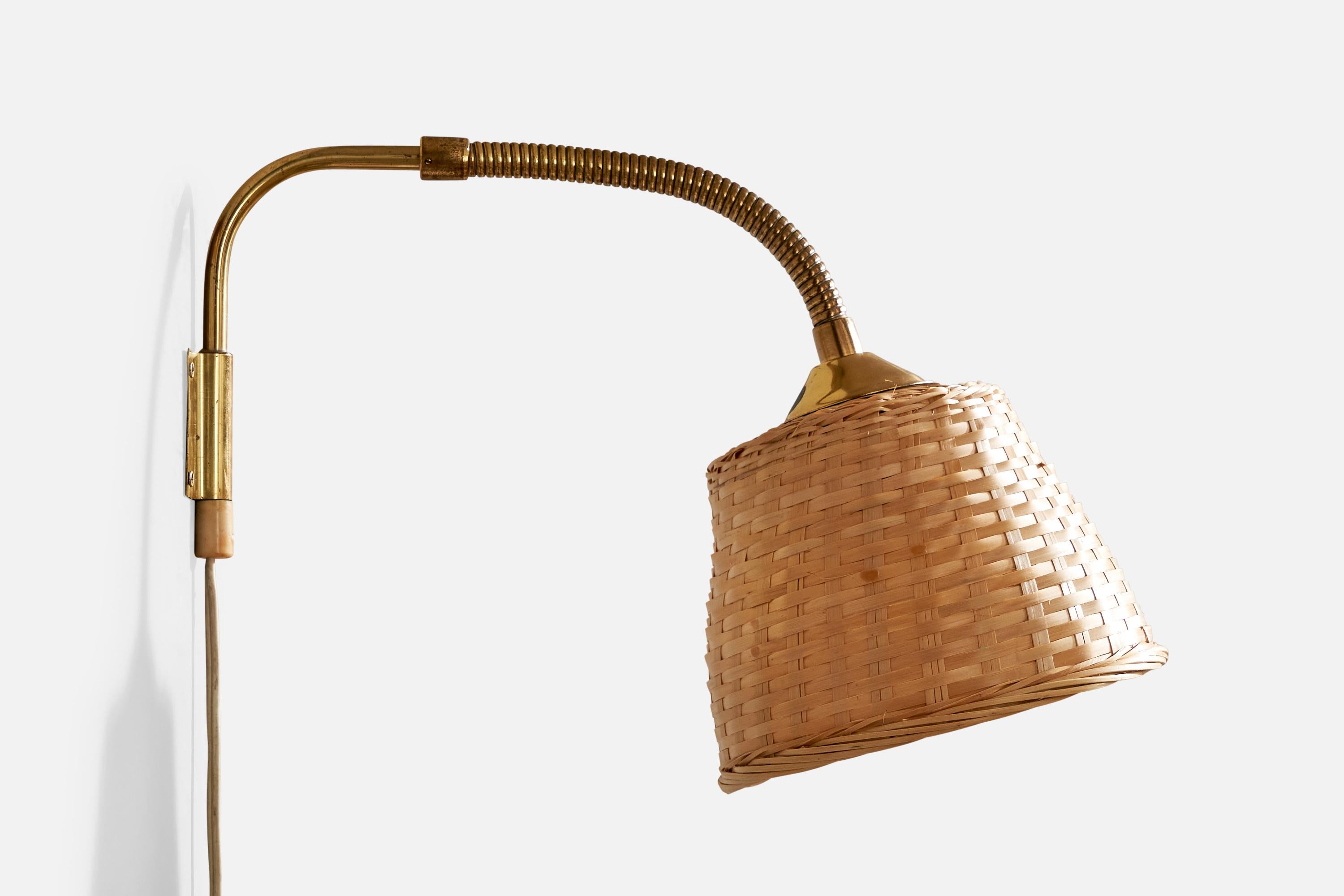 Mid-20th Century Swedish Designer, Wall Light, Brass, Rattan, 1940s For Sale