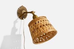 Swedish Designer, Wall Light, Brass, Rattan, Sweden, 1930s