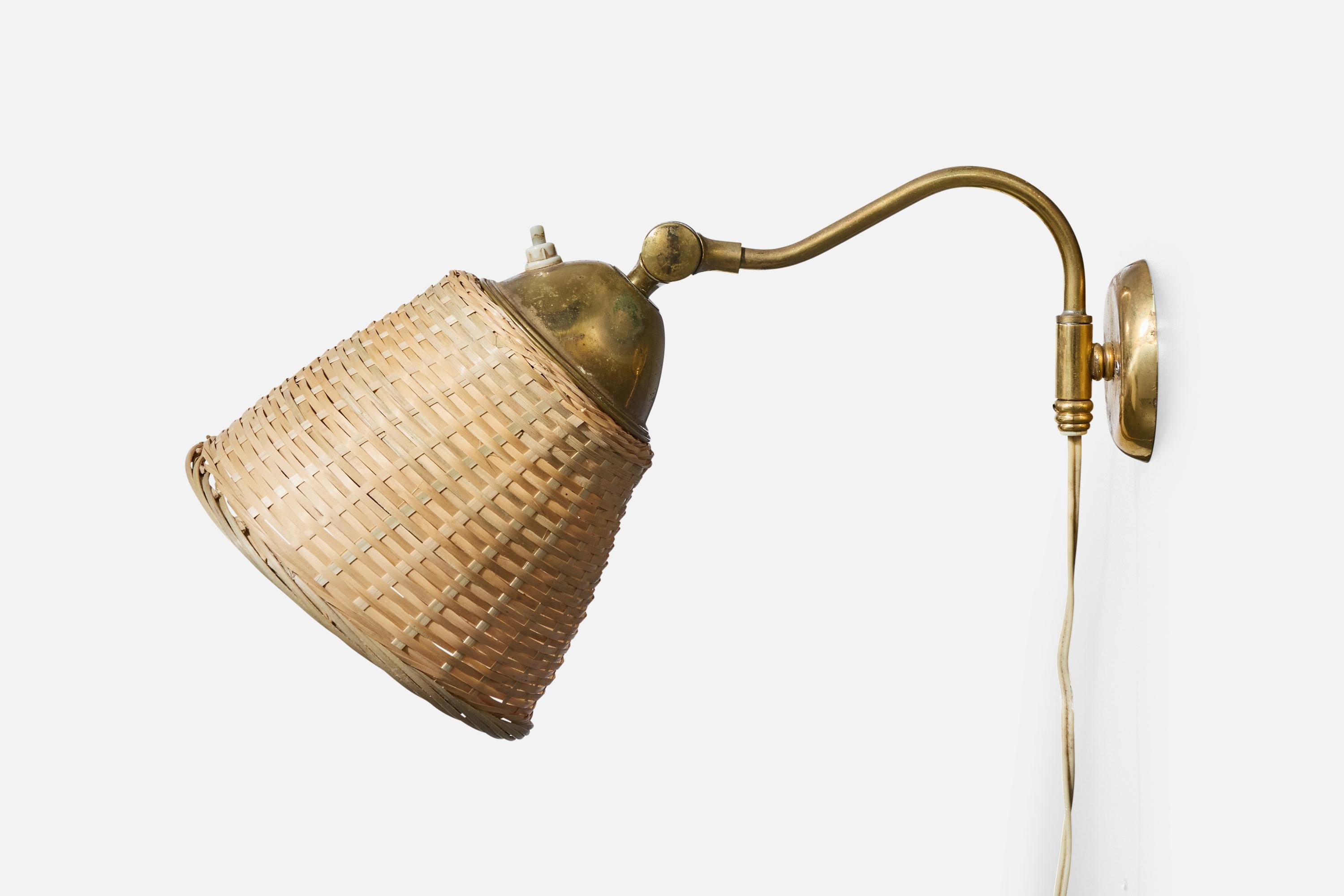 Mid-20th Century Swedish Designer, Wall Light, Brass, Rattan, Sweden, 1940s For Sale