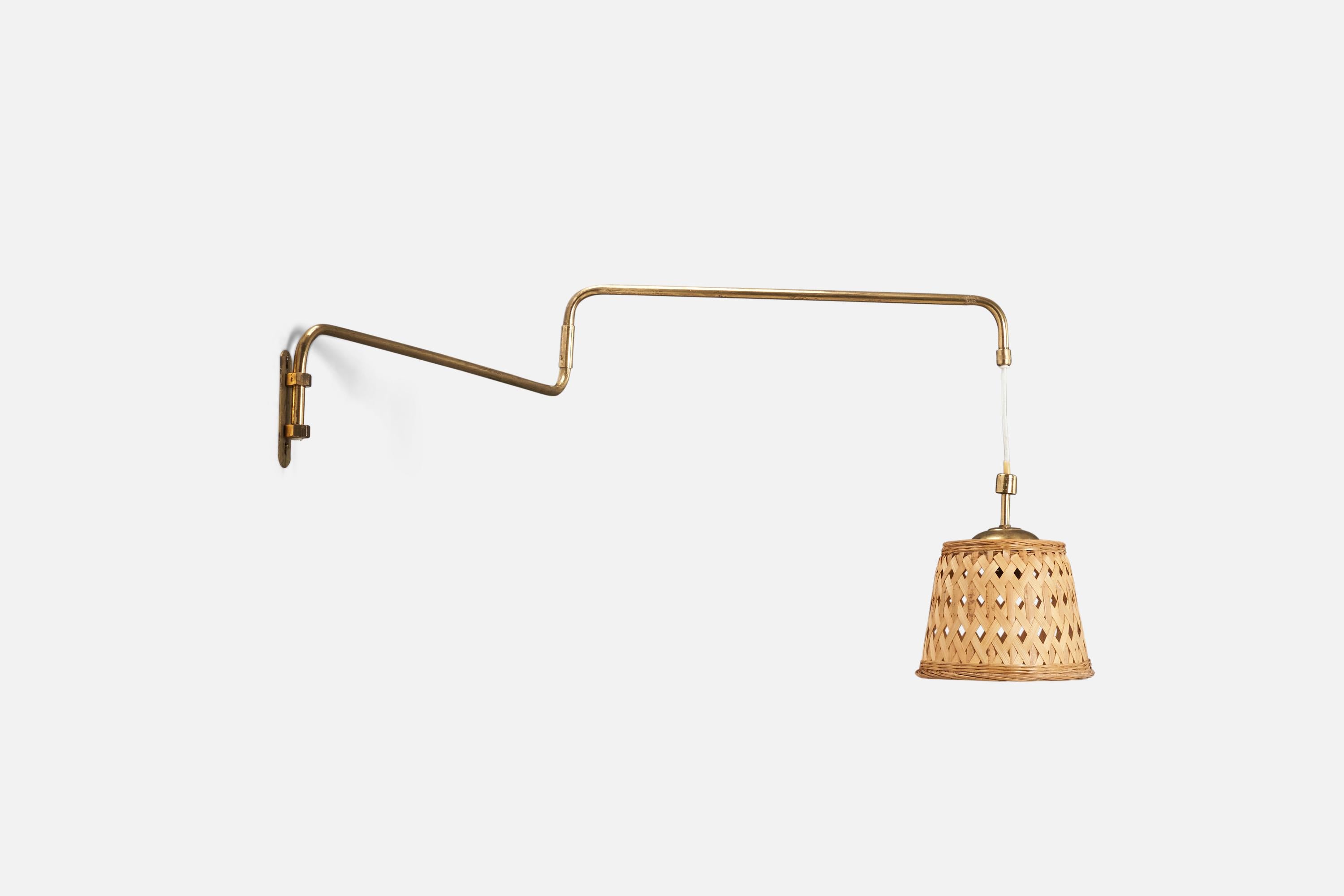 Mid-20th Century Swedish Designer, Wall Light, Brass, Rattan, Sweden, 1940s For Sale