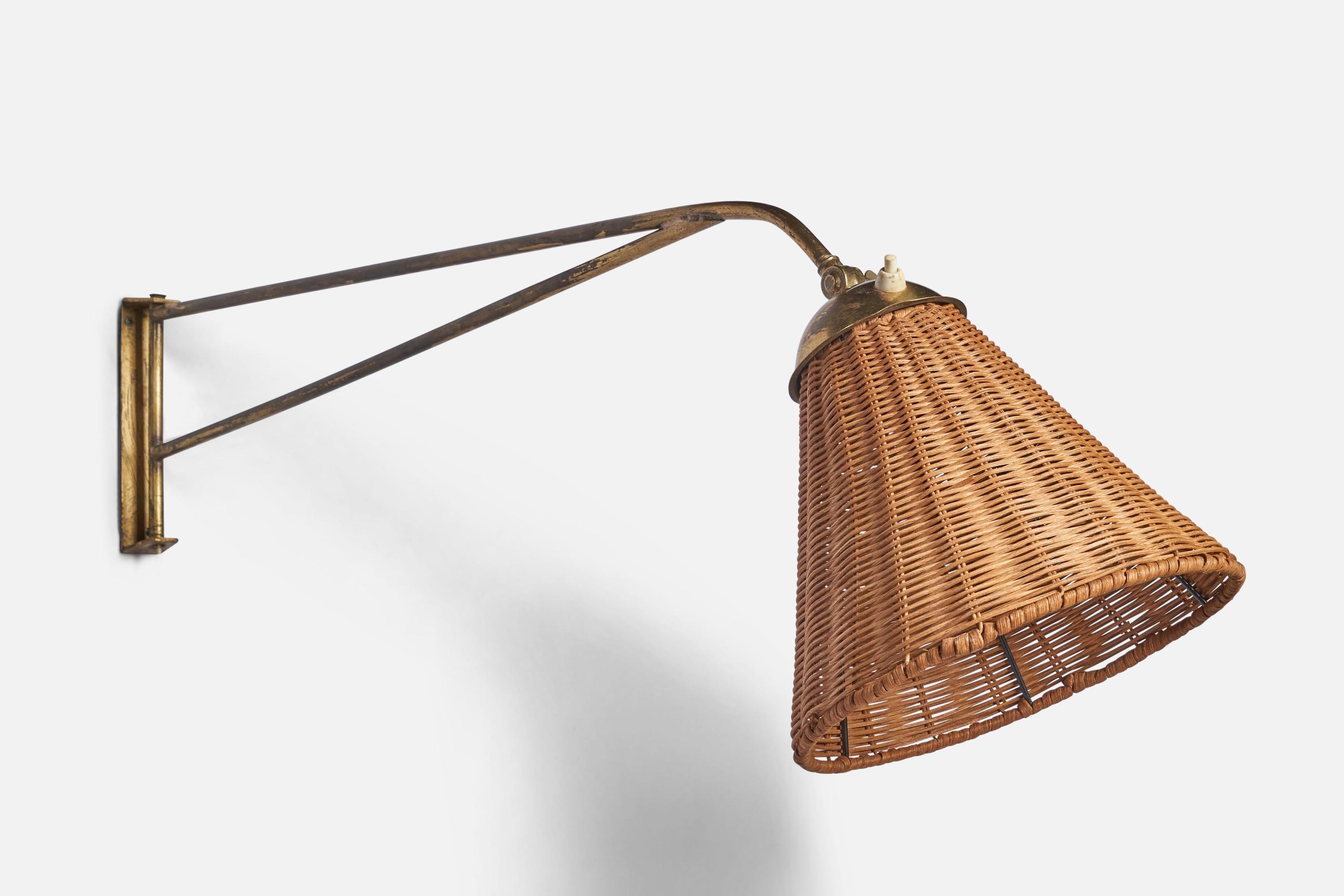 Mid-20th Century Swedish Designer, Wall Light, Brass, Rattan, Sweden, 1940s For Sale