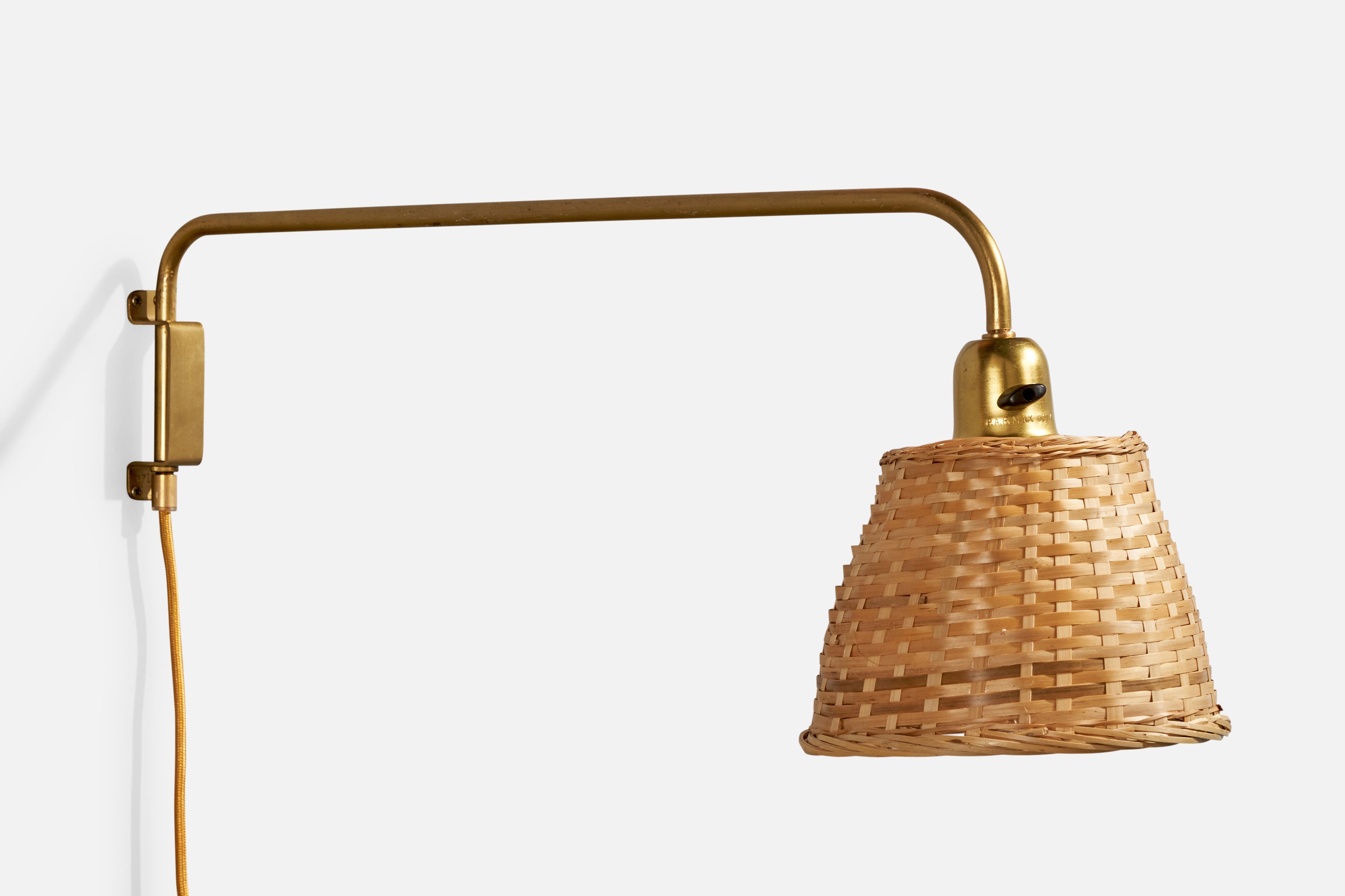Schwedische Designerin, Wandleuchte, Messing, Rattan, Schweden, 1940er Jahre
