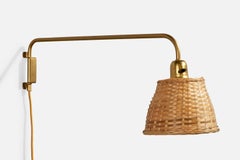 Schwedische Designerin, Wandleuchte, Messing, Rattan, Schweden, 1940er Jahre