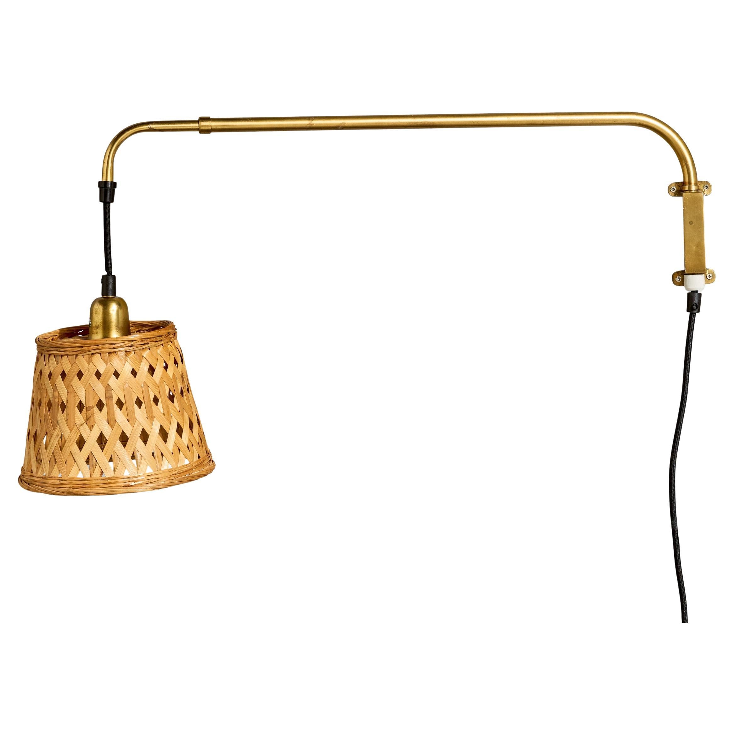 Schwedische Designerin, Wandleuchte, Messing, Rattan, Schweden, 1940er Jahre