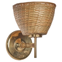 Schwedische Designerin, Wandleuchte, Messing, Rattan, Schweden, 1950er Jahre