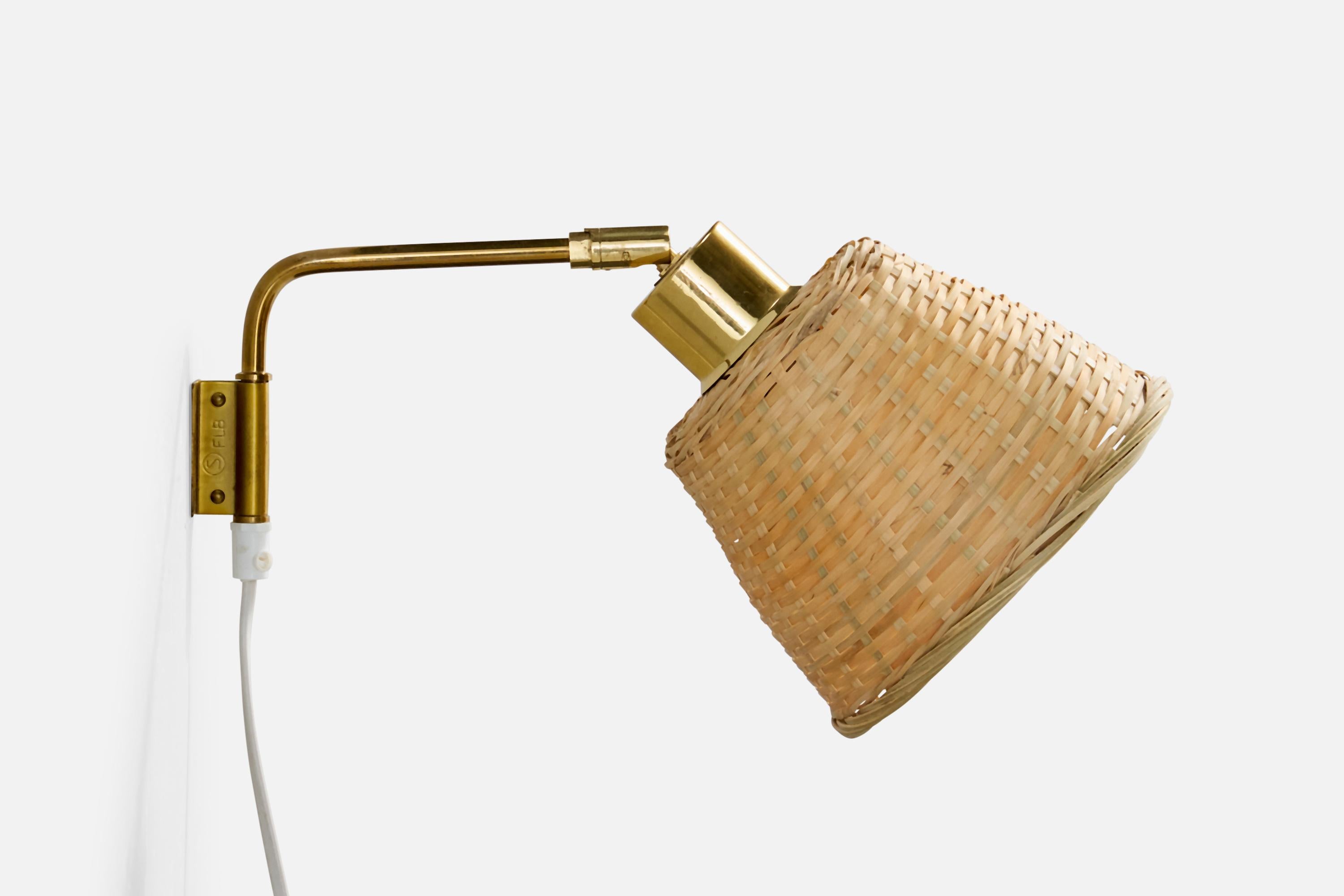 Mid-Century Modern Swedish Designer, Wall Light, Brass, Rattan, Sweden, 1960s For Sale