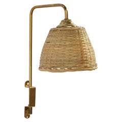 Vintage Swedish Designer, Wall Light, Brass, Rattan, Sweden, 1960s