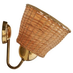 Swedish Designer, Wall Light, Brass, Rattan, Sweden, 1960s