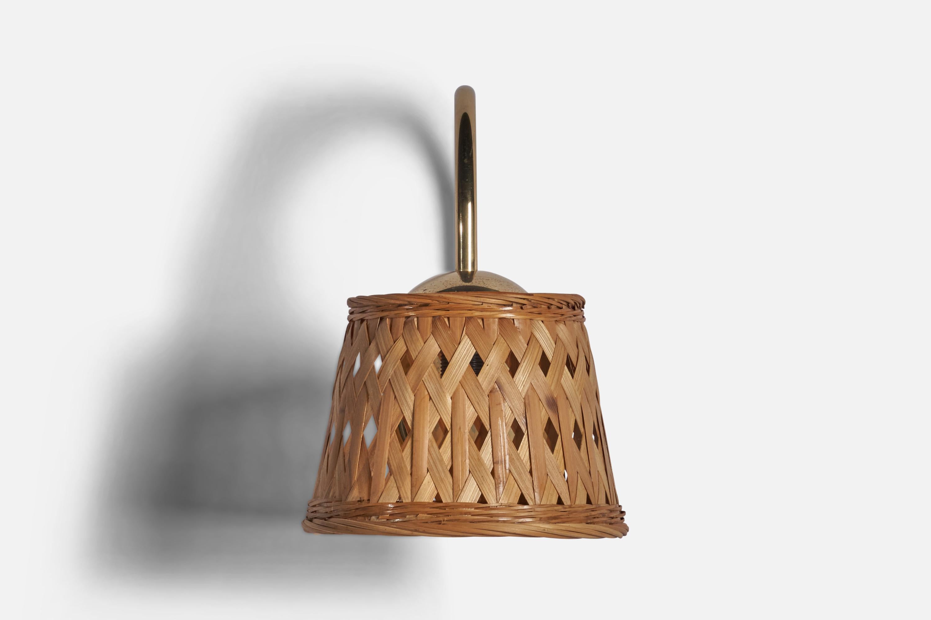 Mid-Century Modern Swedish Designer, Wall Light, Brass, Rattan, Sweden, 1970s For Sale