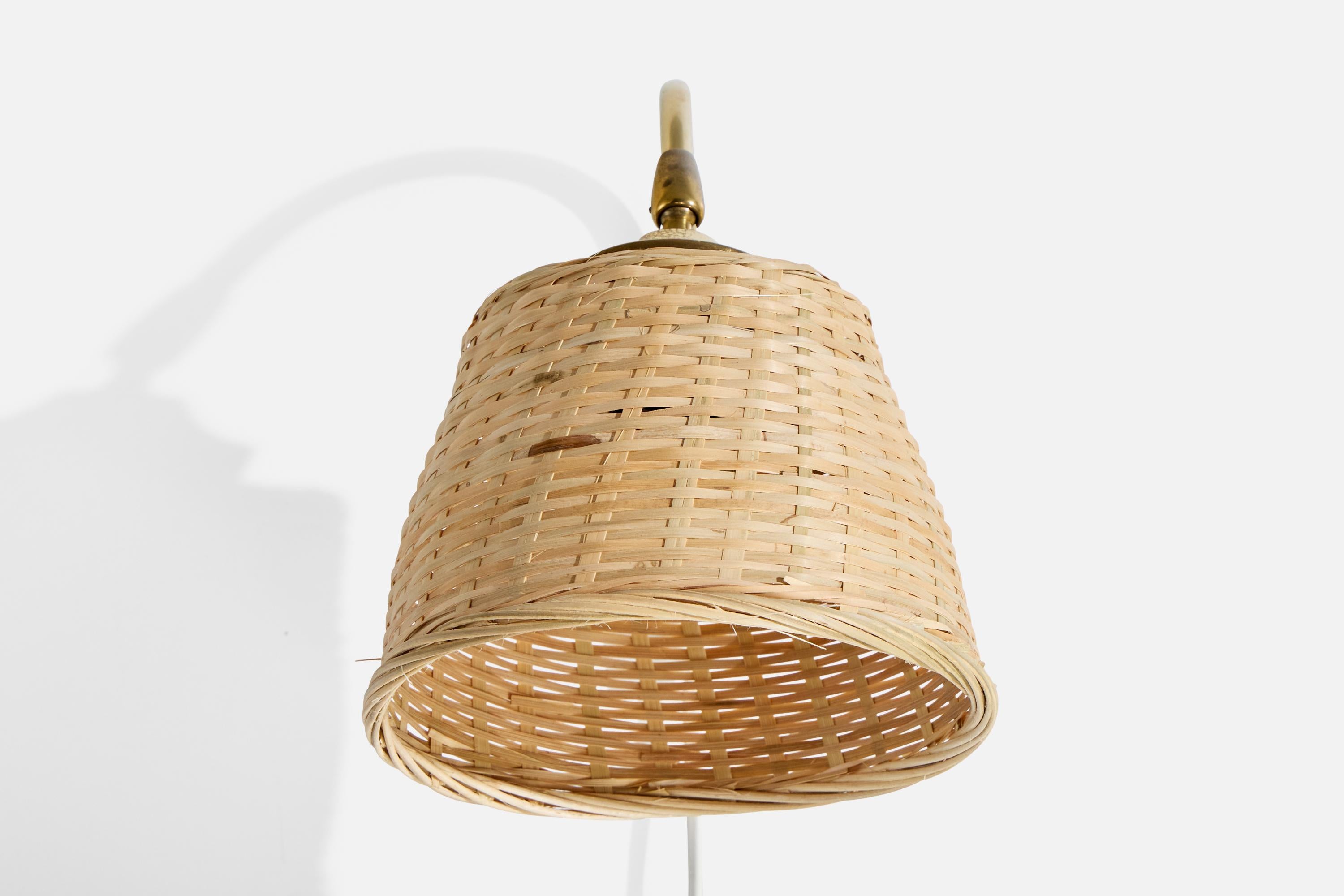 Mid-Century Modern Swedish Designer, Wall Light, Brass, Rattan, Sweden, 1970s For Sale