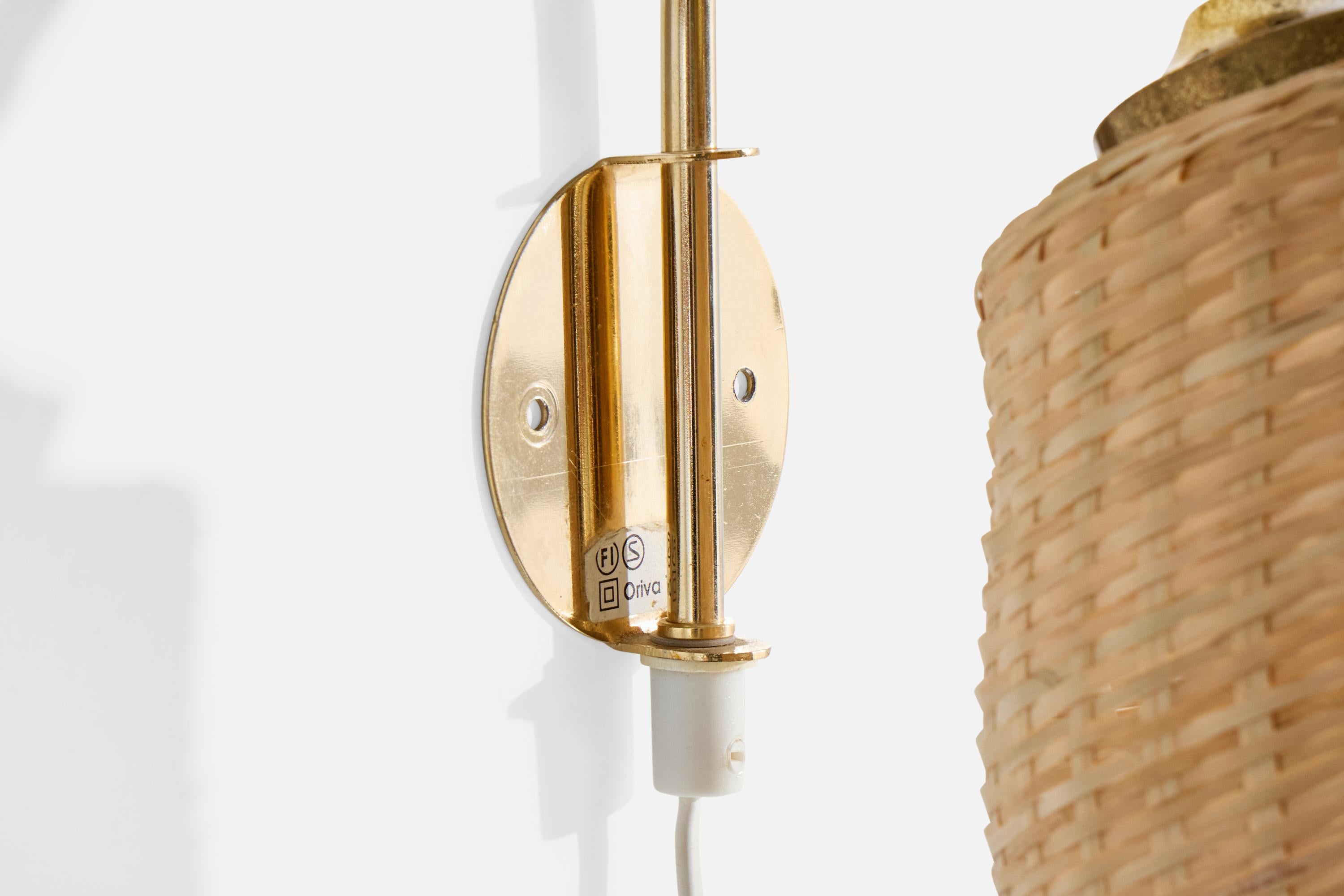 Late 20th Century Swedish Designer, Wall Light, Brass, Rattan, Sweden, 1970s For Sale