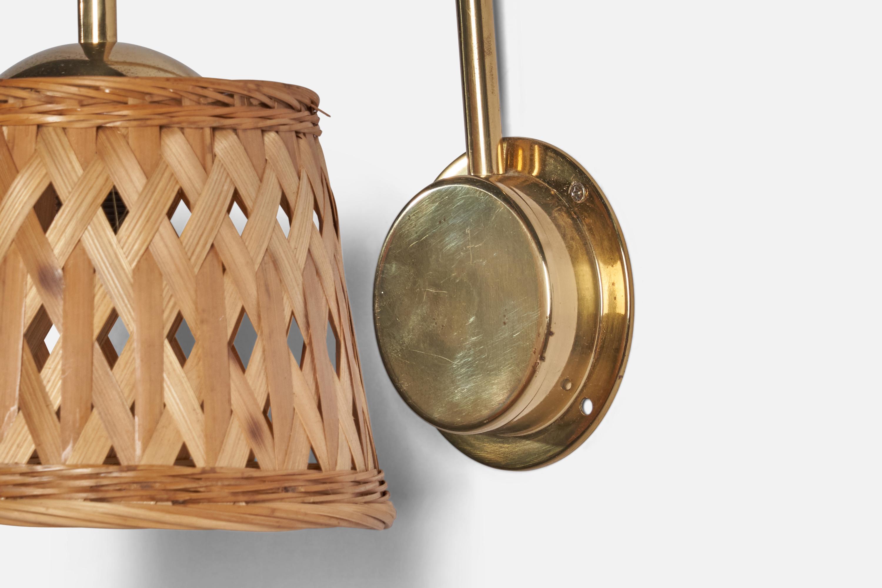 Swedish Designer, Wall Light, Brass, Rattan, Sweden, 1970s For Sale 1