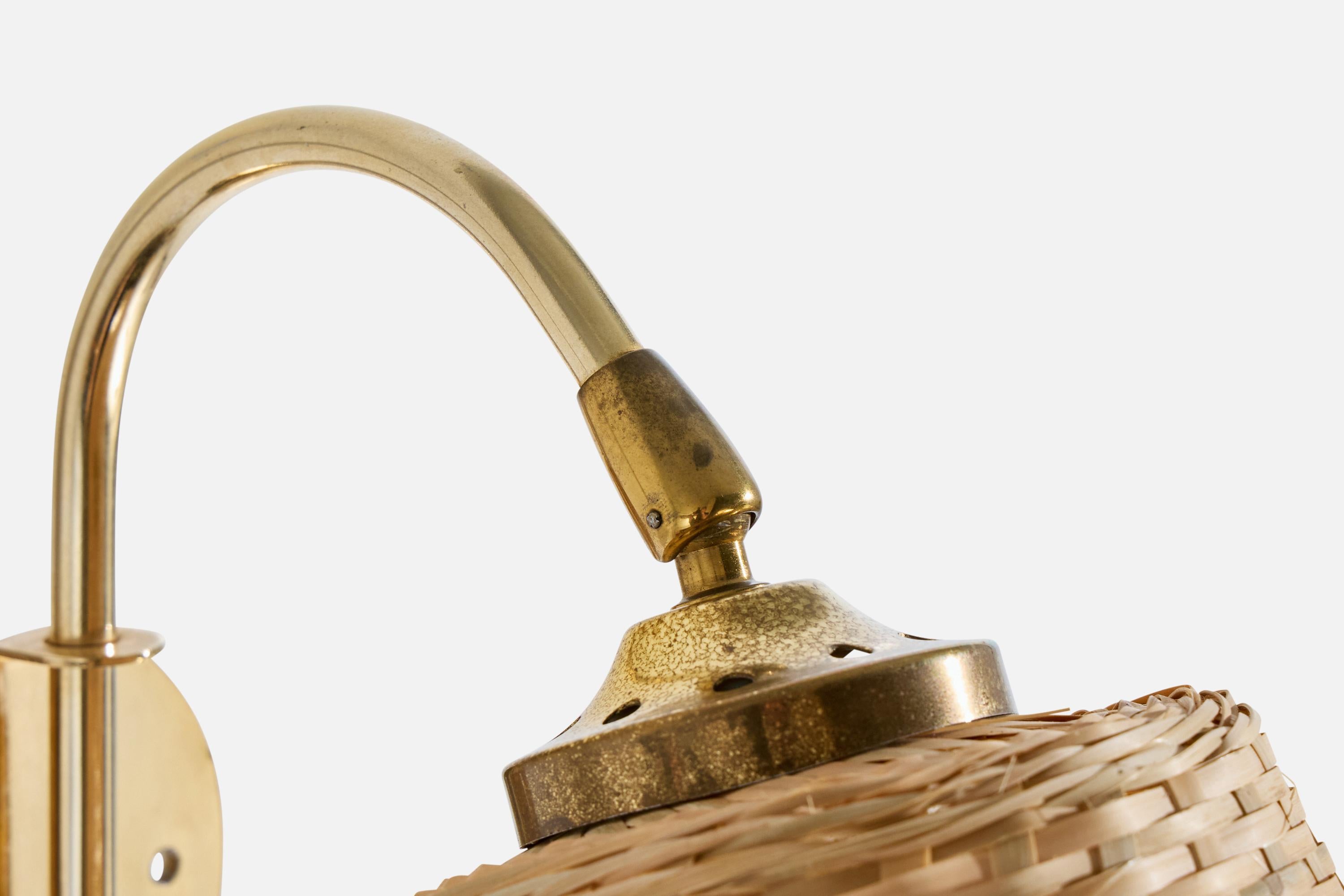 Swedish Designer, Wall Light, Brass, Rattan, Sweden, 1970s For Sale 1