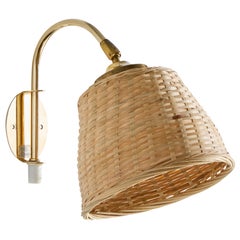 Swedish Designer, Wall Light, Brass, Rattan, Sweden, 1970s