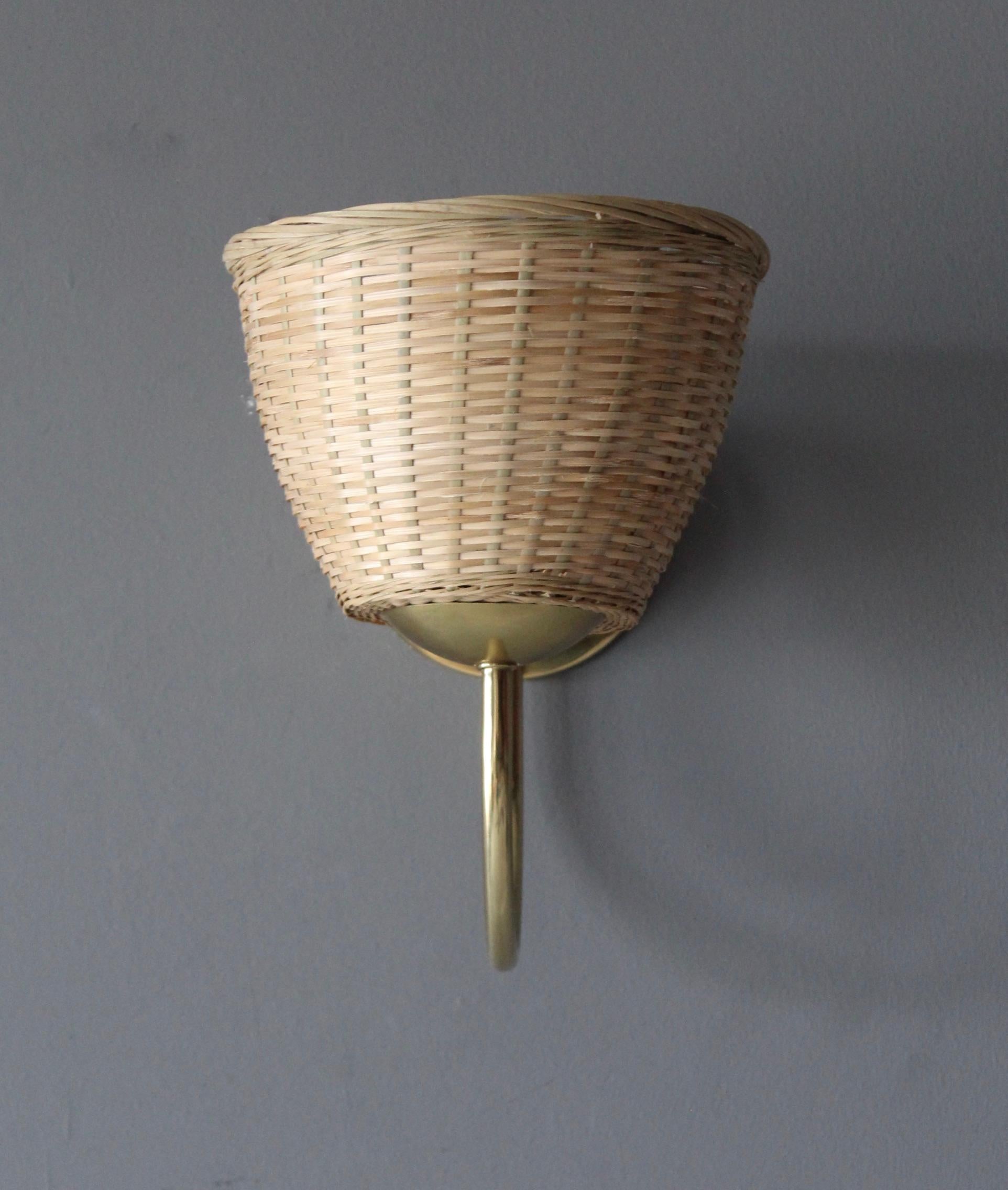 Swedish Designer, Wall Light, Brass, Rattan, Sweden, C. 1960s In Good Condition For Sale In High Point, NC