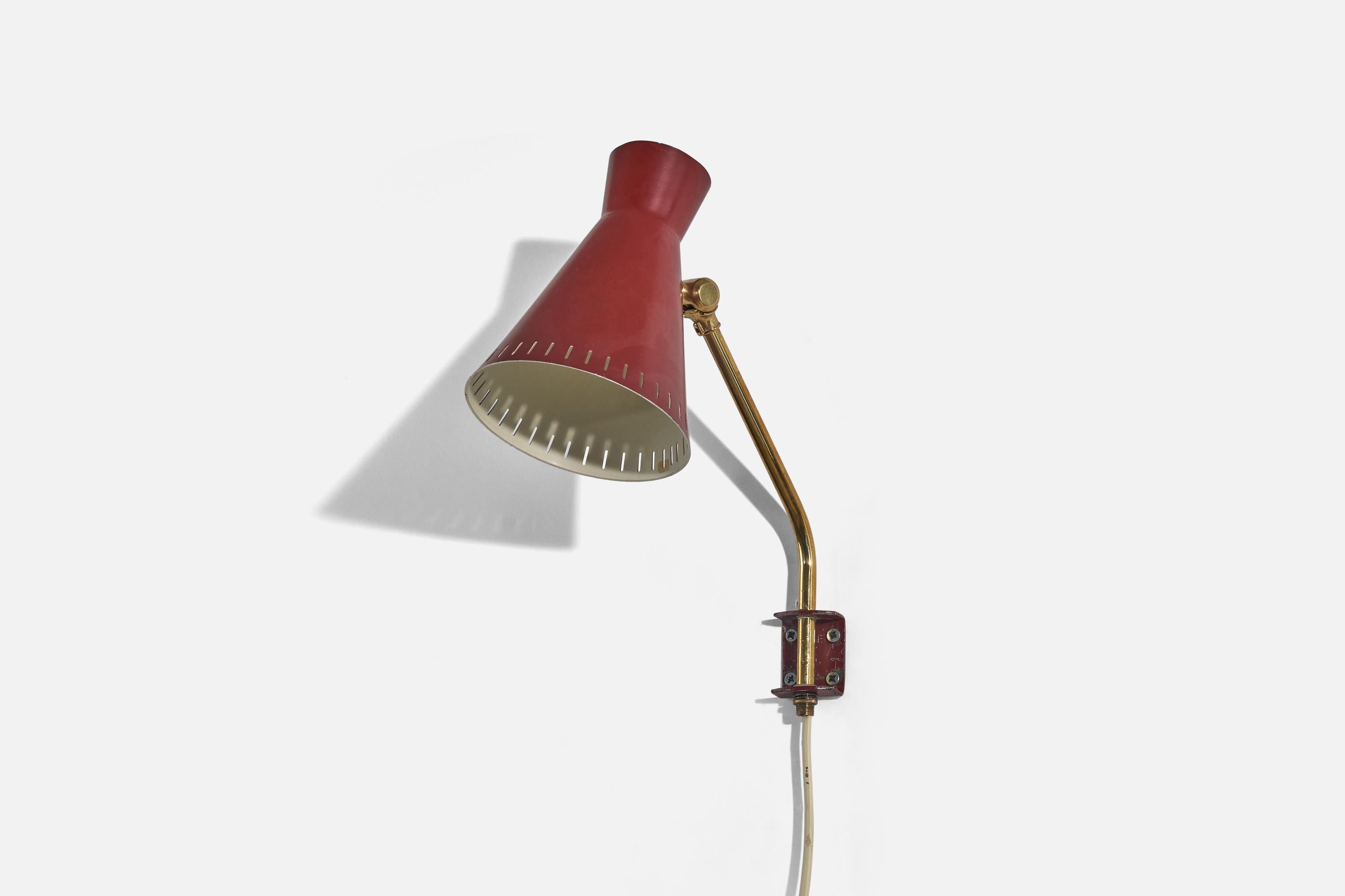 Swedish Designer, Wall Light, Brass, Red Lacquered Metal, Sweden, c. 1940s In Good Condition For Sale In High Point, NC