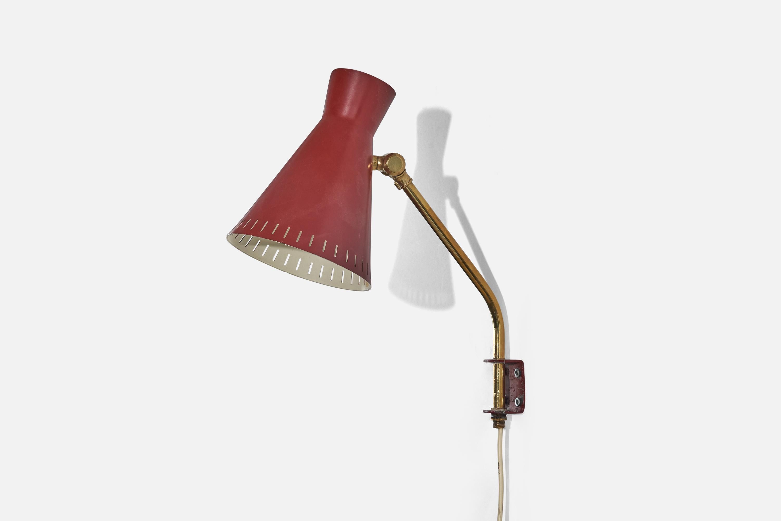 Mid-20th Century Swedish Designer, Wall Light, Brass, Red Lacquered Metal, Sweden, c. 1940s For Sale
