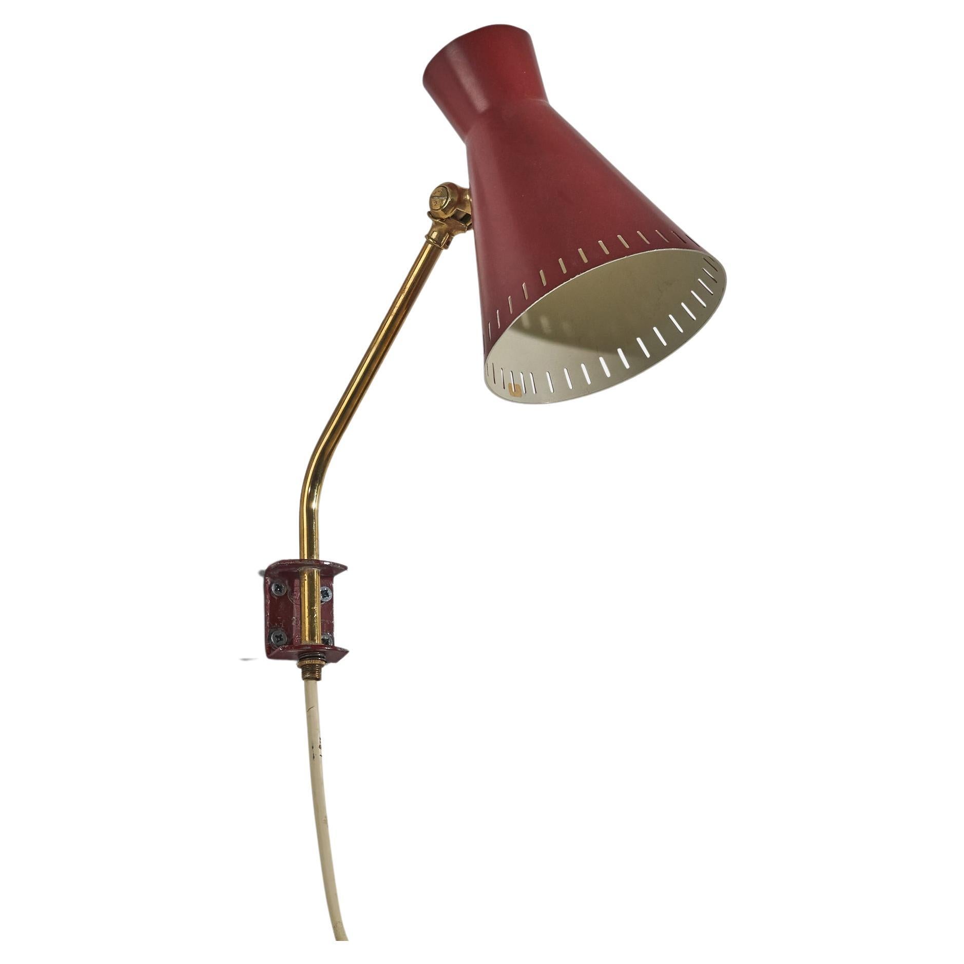 Swedish Designer, Wall Light, Brass, Red Lacquered Metal, Sweden, c. 1940s For Sale