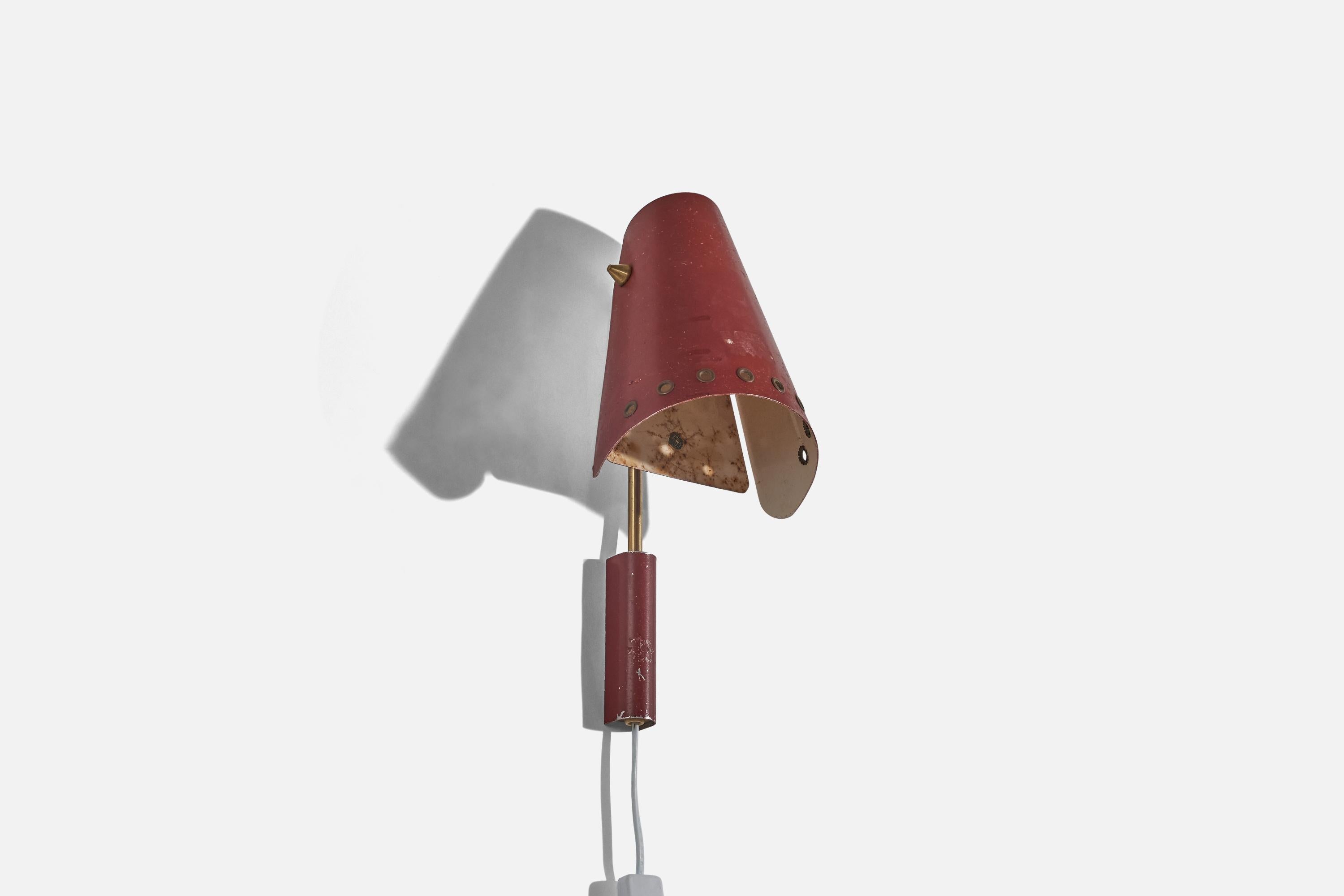 Swedish Designer, Wall Light, Brass, Red Lacquered Metal, Sweden, C. 1950s In Good Condition For Sale In High Point, NC