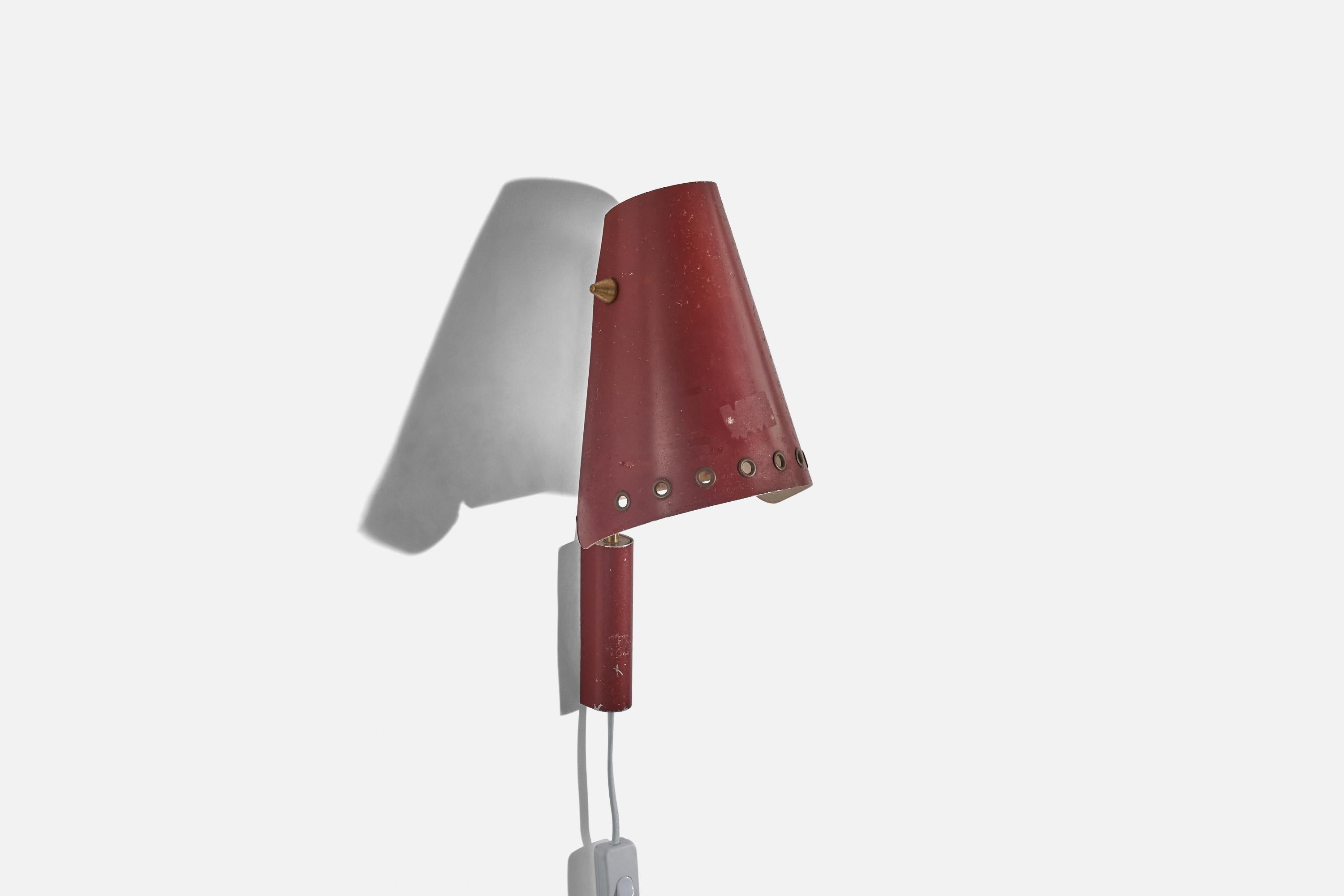 Mid-20th Century Swedish Designer, Wall Light, Brass, Red Lacquered Metal, Sweden, C. 1950s For Sale