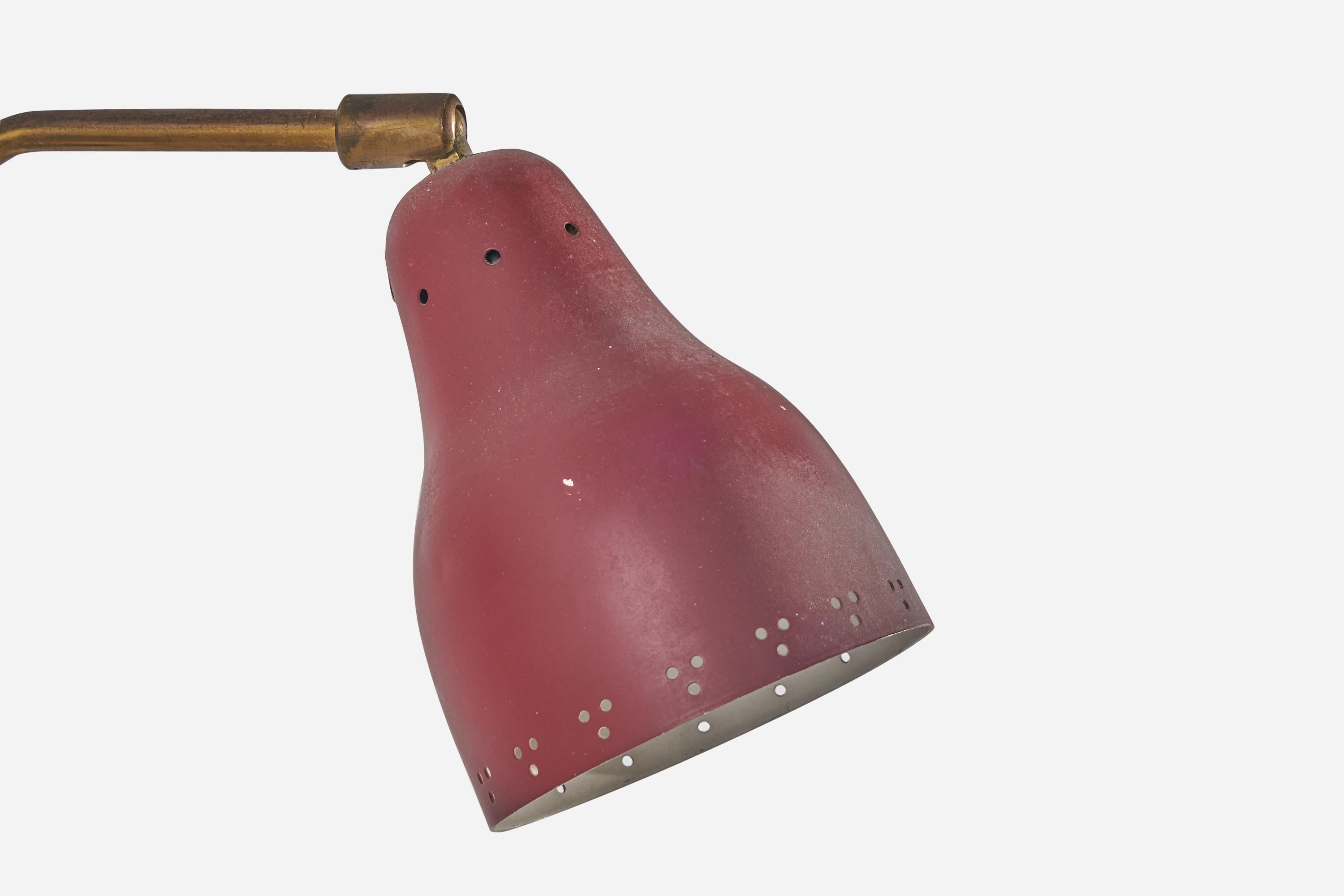 Swedish Designer, Wall Light, Brass, Red Lacquered Metal, Sweden, C. 1950s For Sale 1