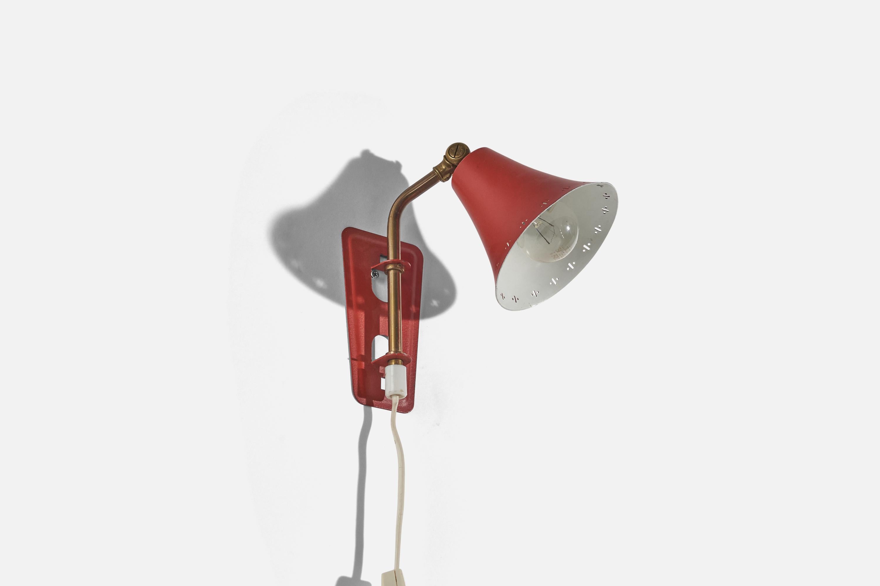 Scandinavian Modern Swedish Designer, Wall Light, Brass, Red Metal, Sweden, C. 1950s For Sale
