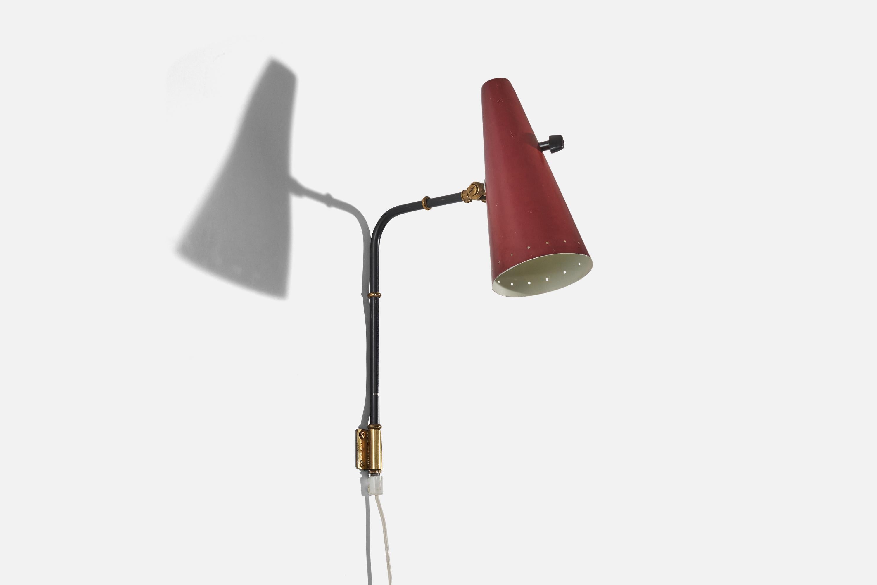 Swedish Designer, Wall Light, Brass, Red Metal, Sweden, c. 1950s In Good Condition For Sale In High Point, NC