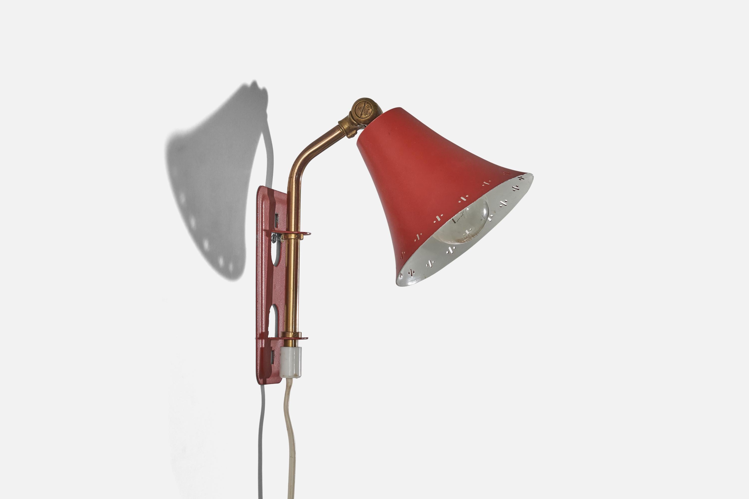 Mid-20th Century Swedish Designer, Wall Light, Brass, Red Metal, Sweden, C. 1950s For Sale