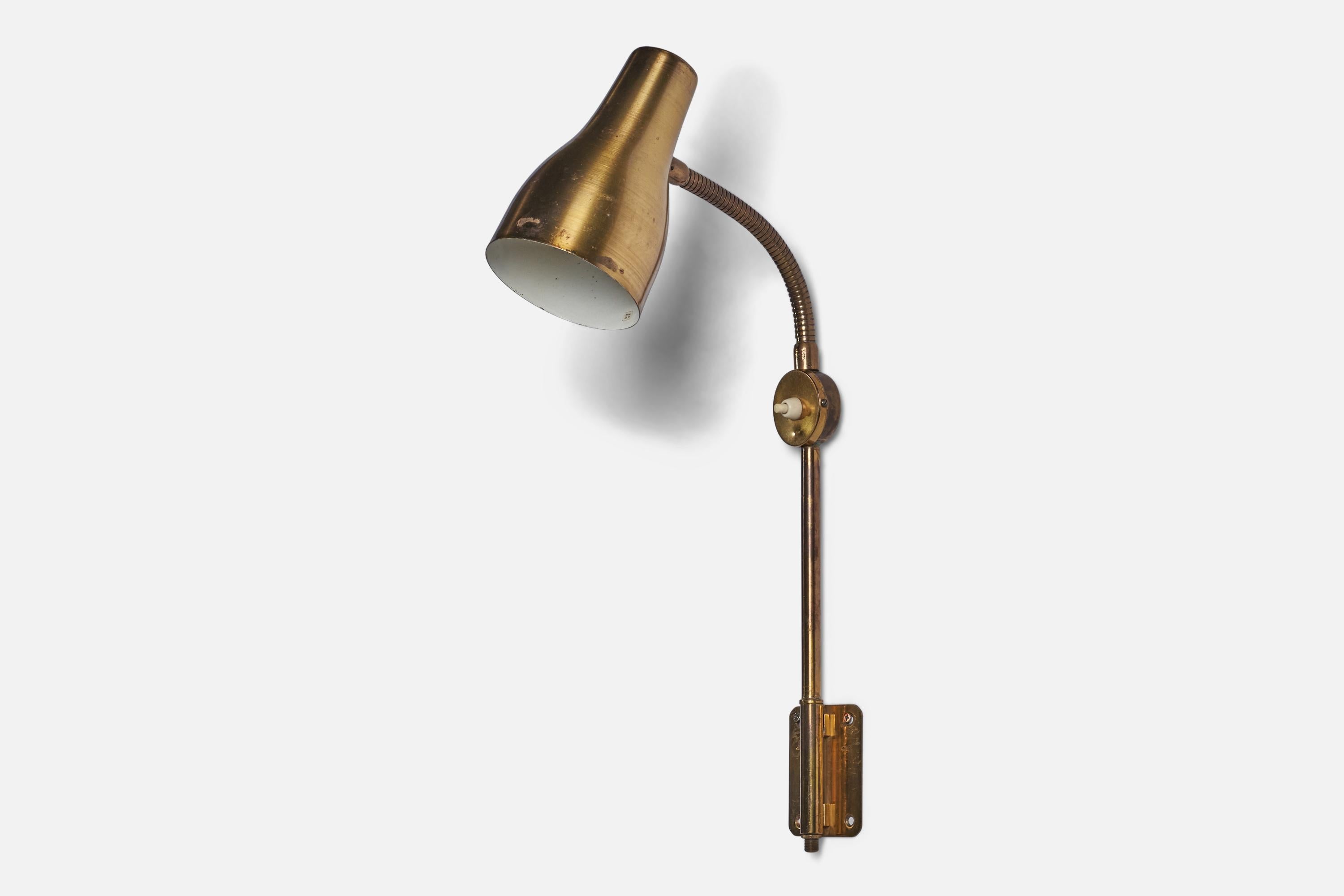 An adjustable brass wall light designed and produced in Sweden, 1940s.

Overall Dimensions (inches): 23.5” H x 6.75” W x 7” D
Back Plate Dimensions (inches): 3.3” H x 2.6” W
Bulb Specifications: E-26 Bulb
Number of Sockets: 1
All lighting will be