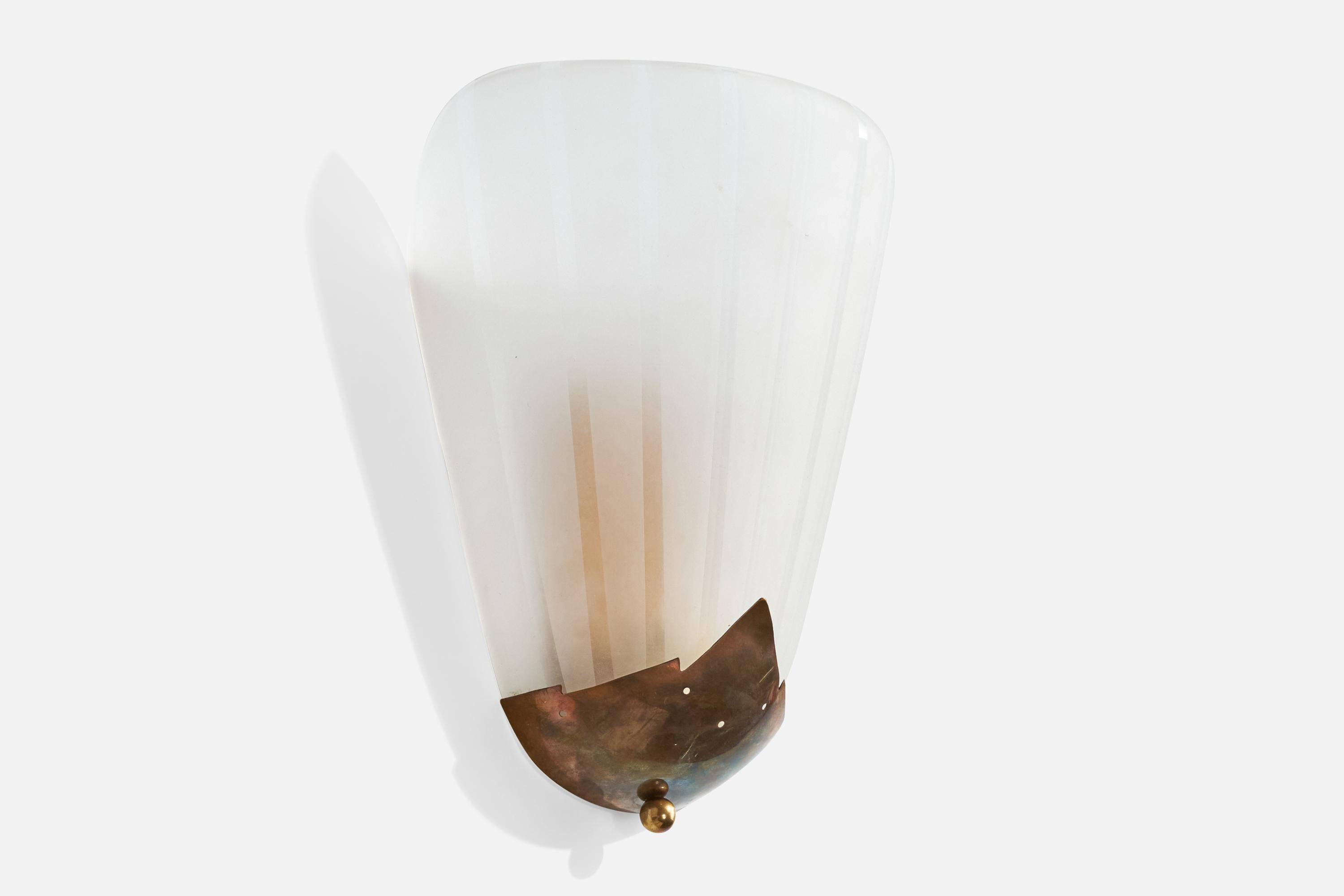A brass and etched glass wall light designed and produced in Sweden, c. 1940s.

Overall Dimensions (inches):  11.25” H x 10.25 ” W x  5“D

Back Plate Dimensions (Inches):  7.125” H x 3” W x .125” D

Bulb Specifications: E-26 Bulbs

Number of Sockets