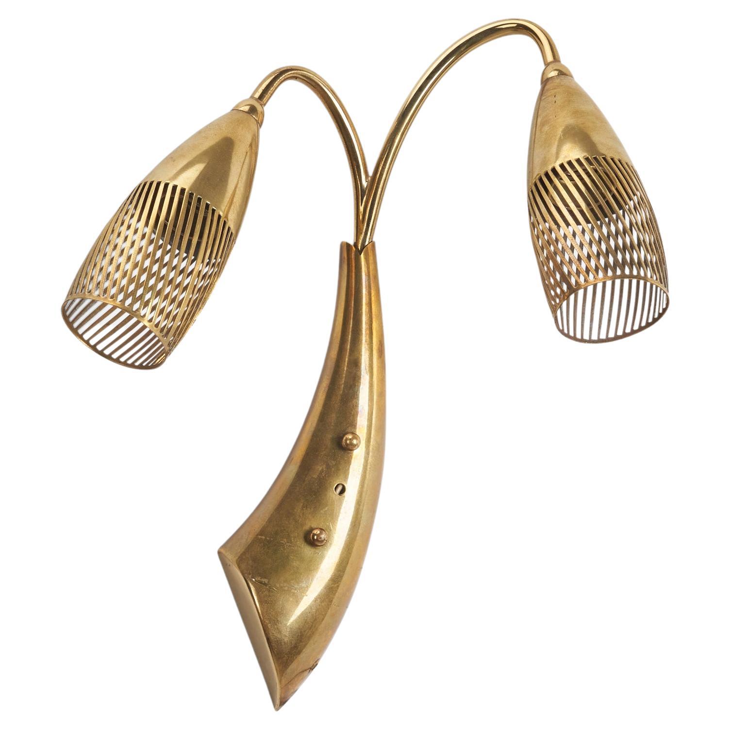 Swedish Designer, Wall Light, Brass, Sweden, 1950s For Sale