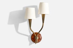 Swedish Designer, Wall Light, Brass, Teak, Fabric, Sweden, 1950s