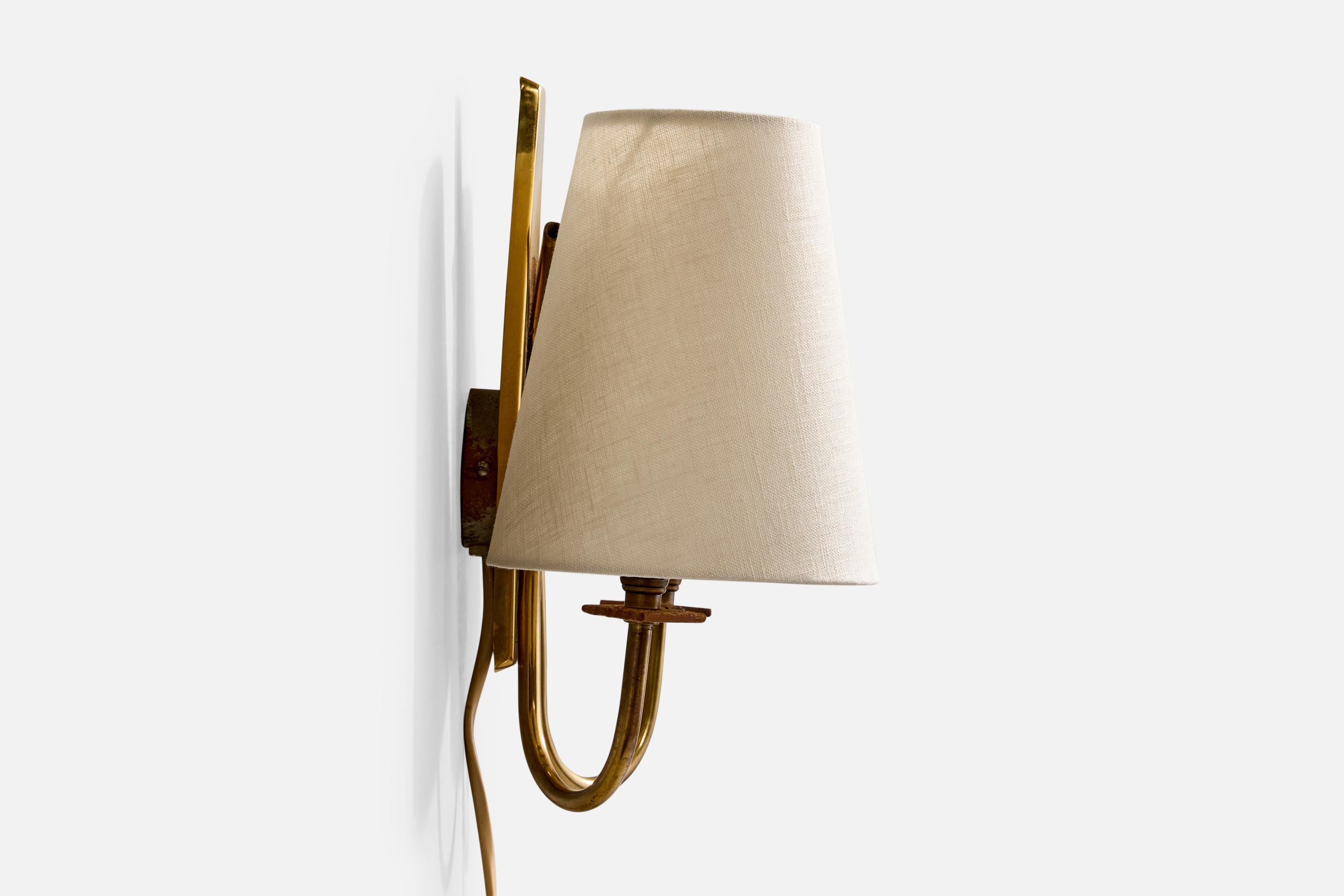 Svedese Swedish Designer, Wall Light, Brass, Teak, Fabric, Sweden, 1950s in vendita