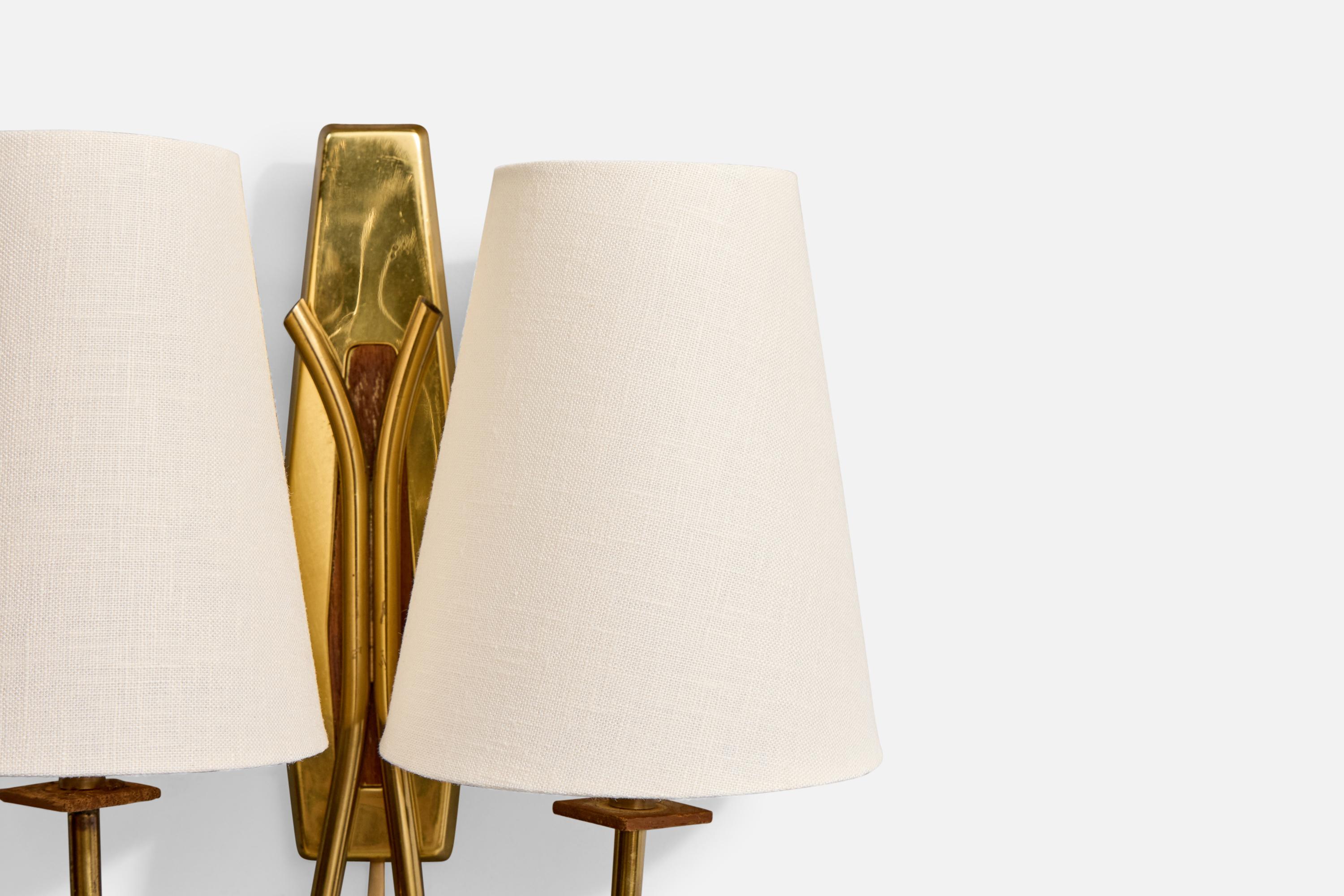 Metà XX secolo Swedish Designer, Wall Light, Brass, Teak, Fabric, Sweden, 1950s in vendita