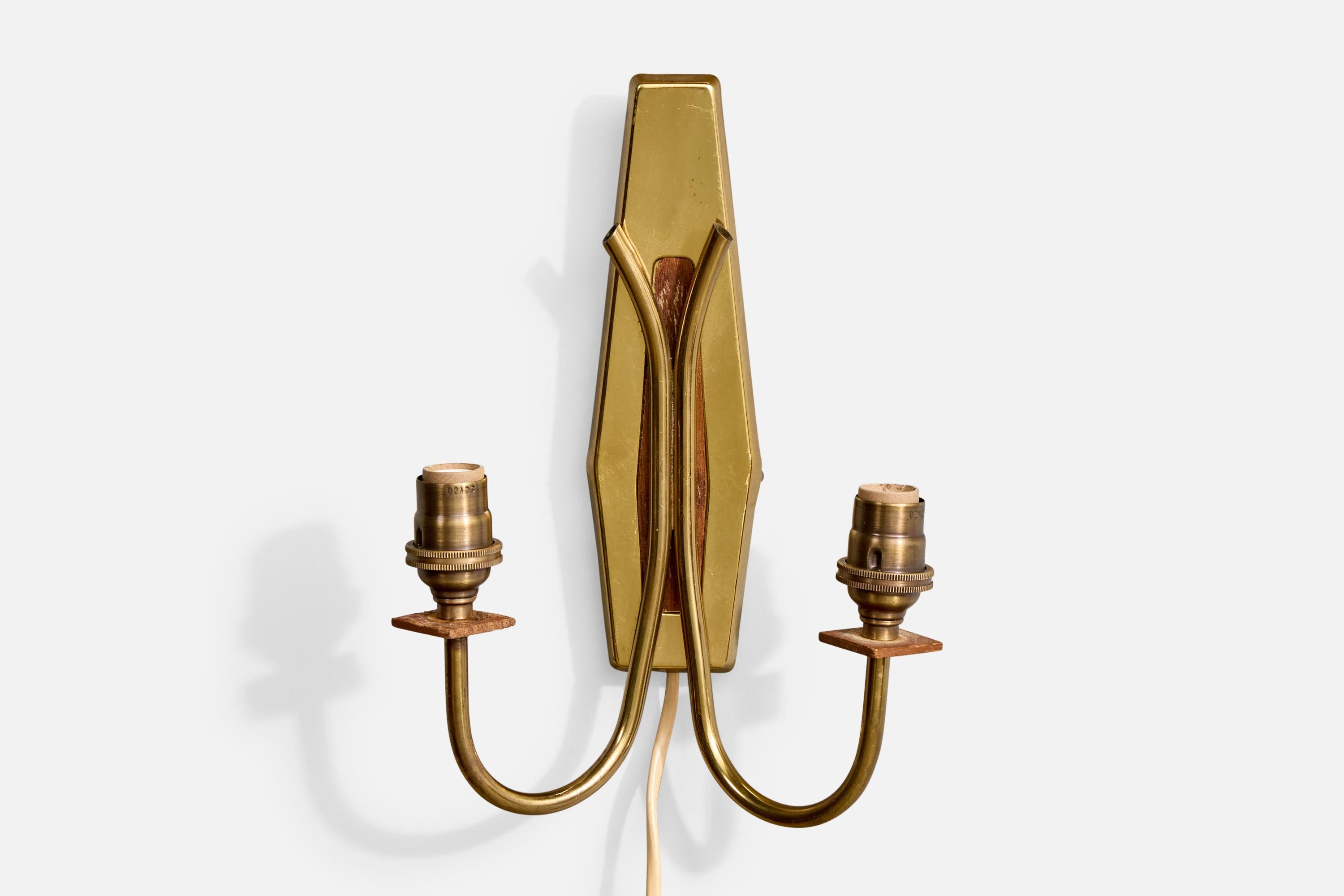 Ottone Swedish Designer, Wall Light, Brass, Teak, Fabric, Sweden, 1950s in vendita
