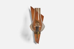 Swedish Designer, Wall Light, Brass, Teak, Glass, Sweden, 1950s