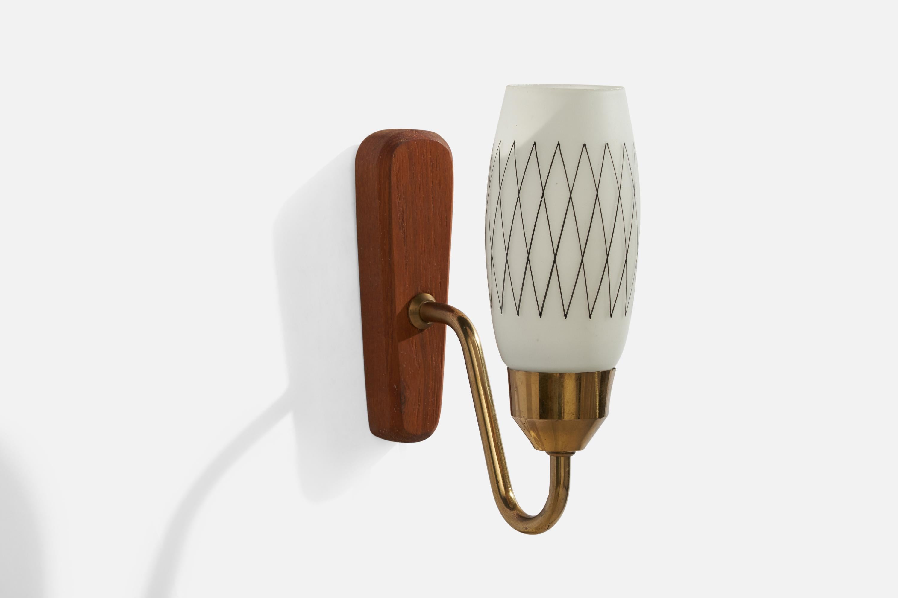 A brass, teak and glass wall light designed and produced in Sweden, 1950s.

Overall Dimensions (inches): 8.5” H x 2.8” W x 6.5” D
Back Plate Dimensions (inches): 5.85” H x 1.8” W x 0.93” D
Bulb Specifications: E-14 Bulb
Number of Sockets: 1
All