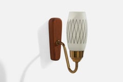 Swedish Designer, Wall Light, Brass, Teak, Glass, Sweden, 1950s