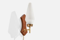 Swedish Designer, Wall Light, Brass, Teak, Glass, Sweden, 1950s
