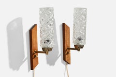 Swedish Designer, Wall Light, Brass, Teak, Glass, Sweden, 1950s
