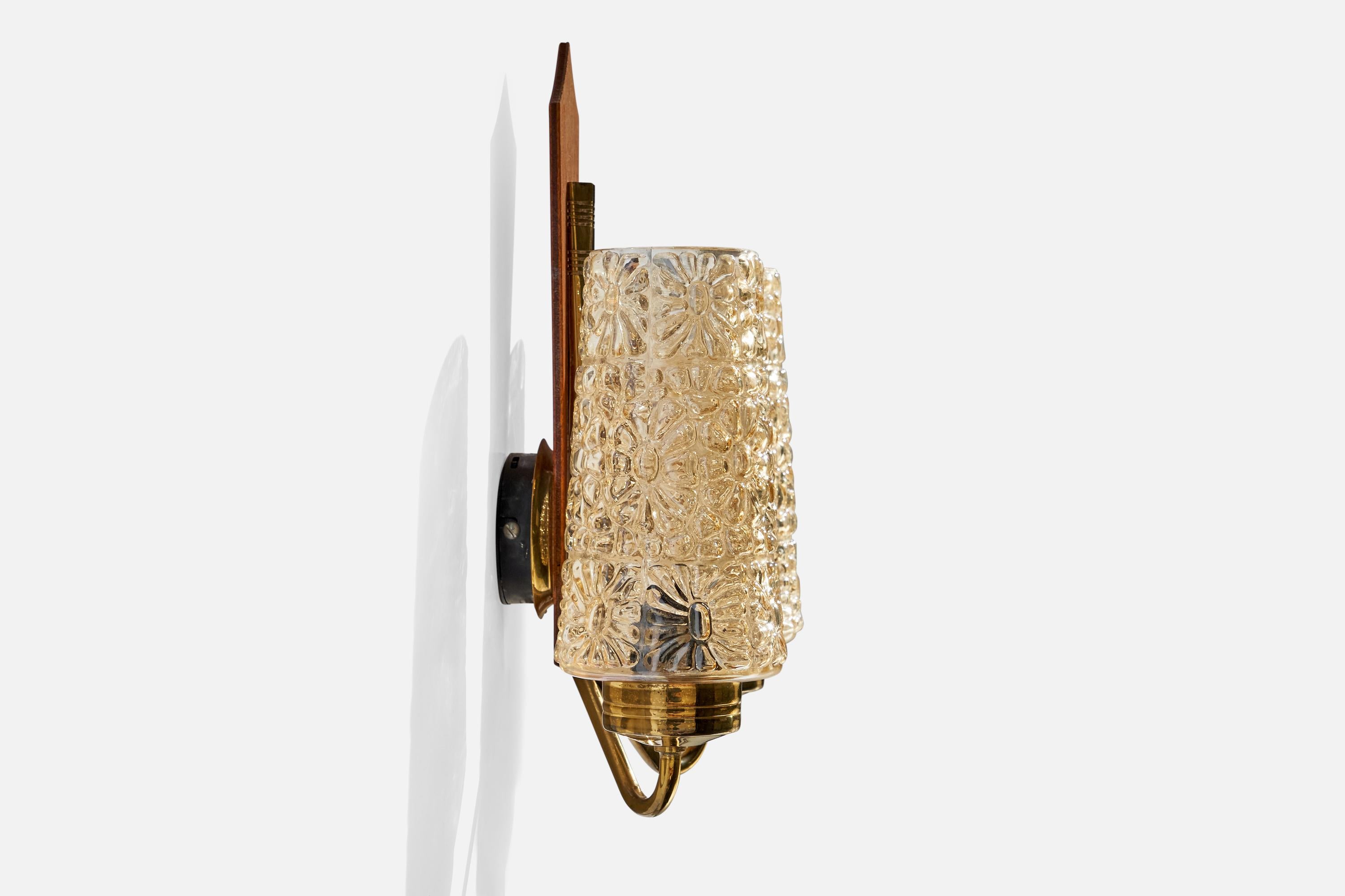 Mid-Century Modern Swedish Designer , Wall Light, Brass, Teak, Glass, Sweden, 1950s For Sale