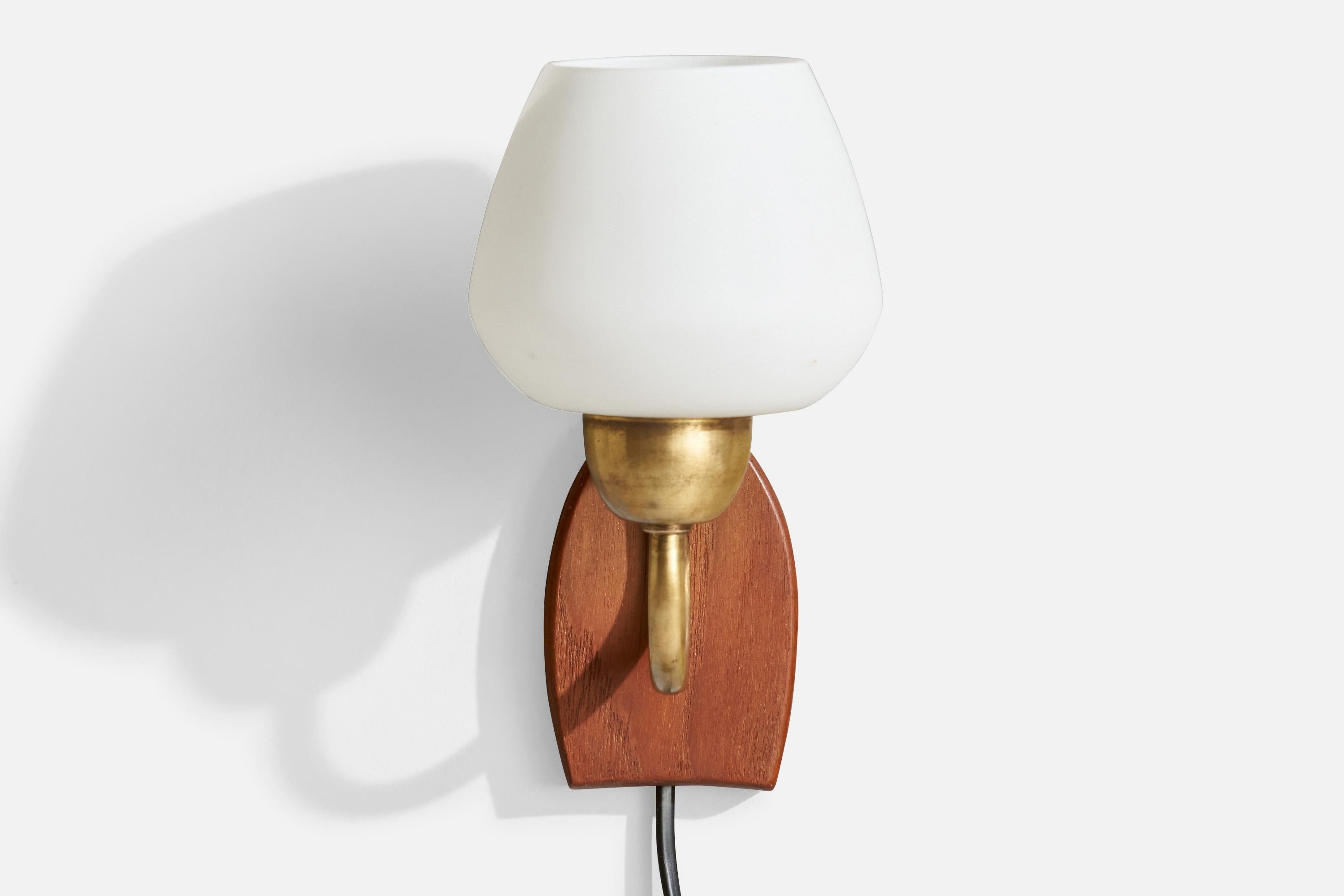 Mid-Century Modern Swedish Designer, Wall Light, Brass, Teak, Glass, Sweden, 1950s For Sale