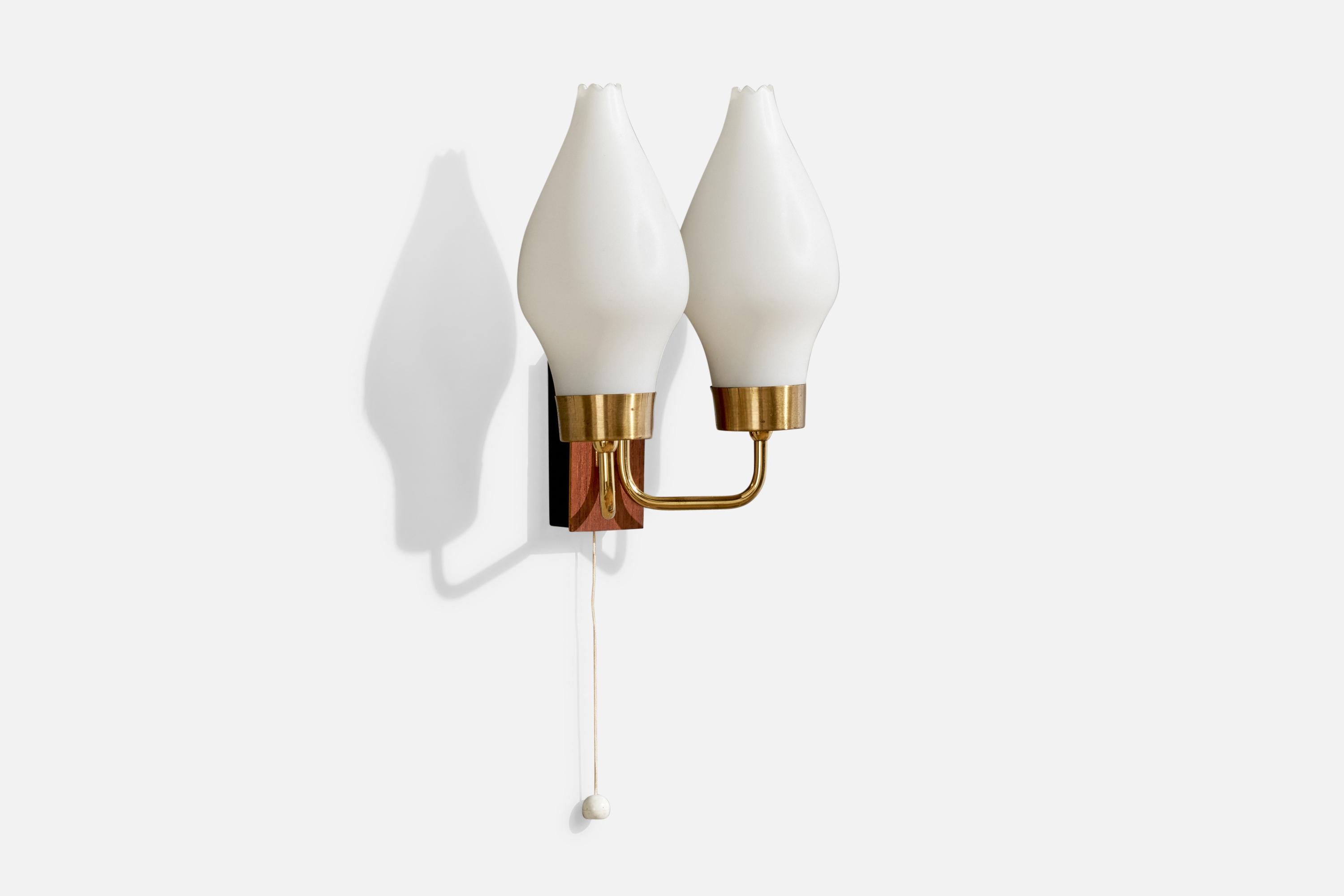 Scandinavian Modern Swedish Designer, Wall Light, Brass, Teak, Glass, Sweden, 1950s For Sale